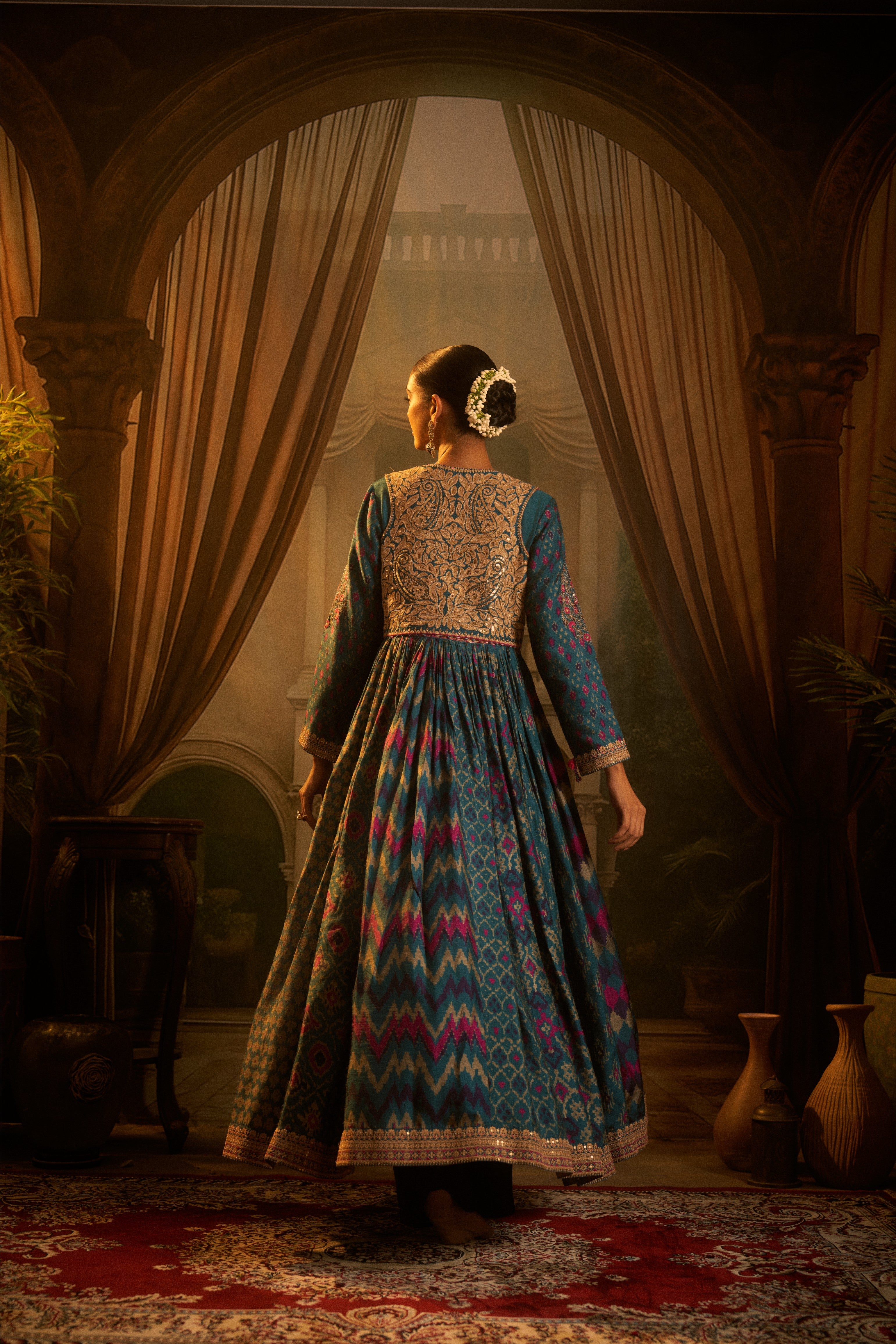 Teal Ikat Printed Anarkali Set with Zari Bodice