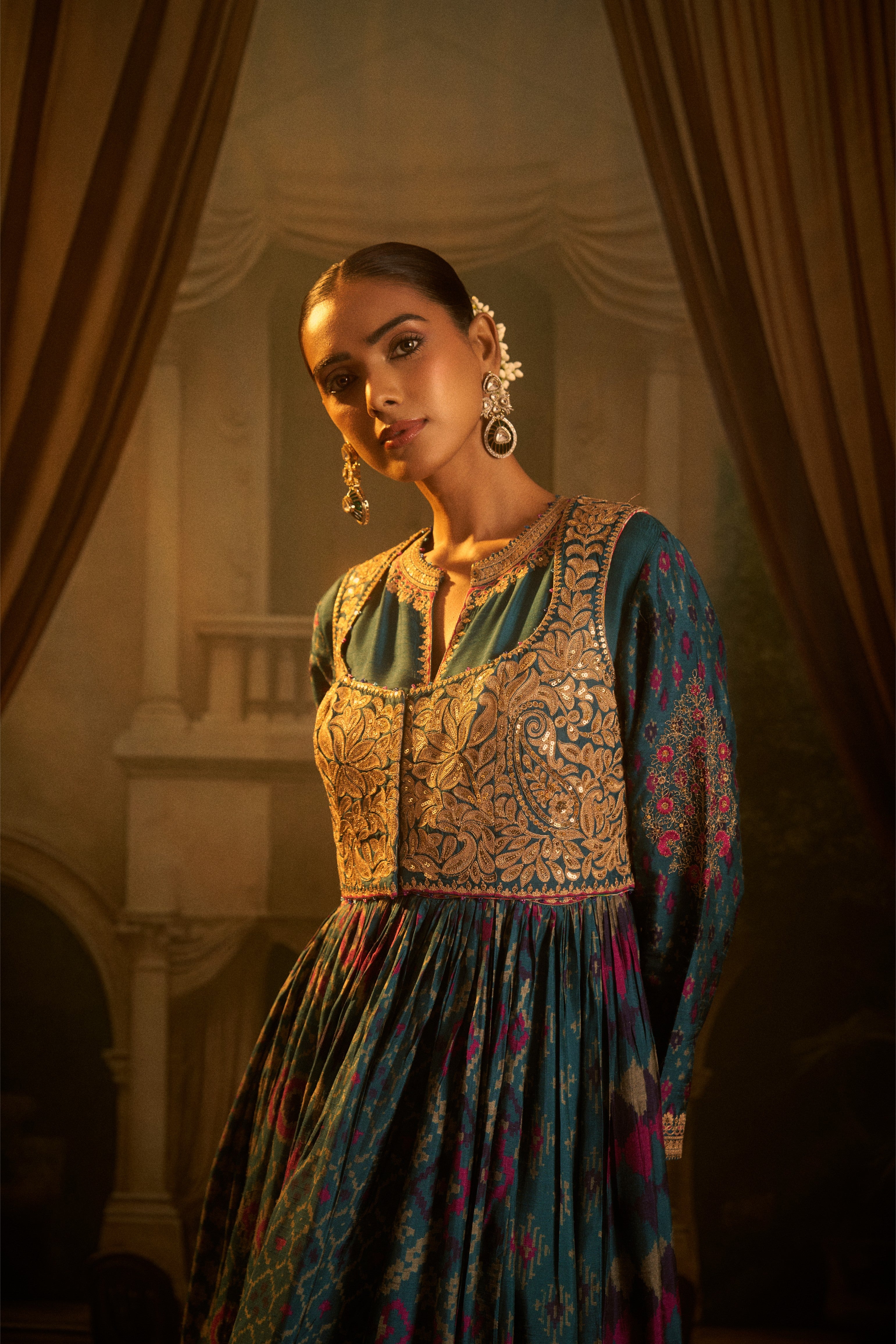 Teal Ikat Printed Anarkali Set with Zari Bodice