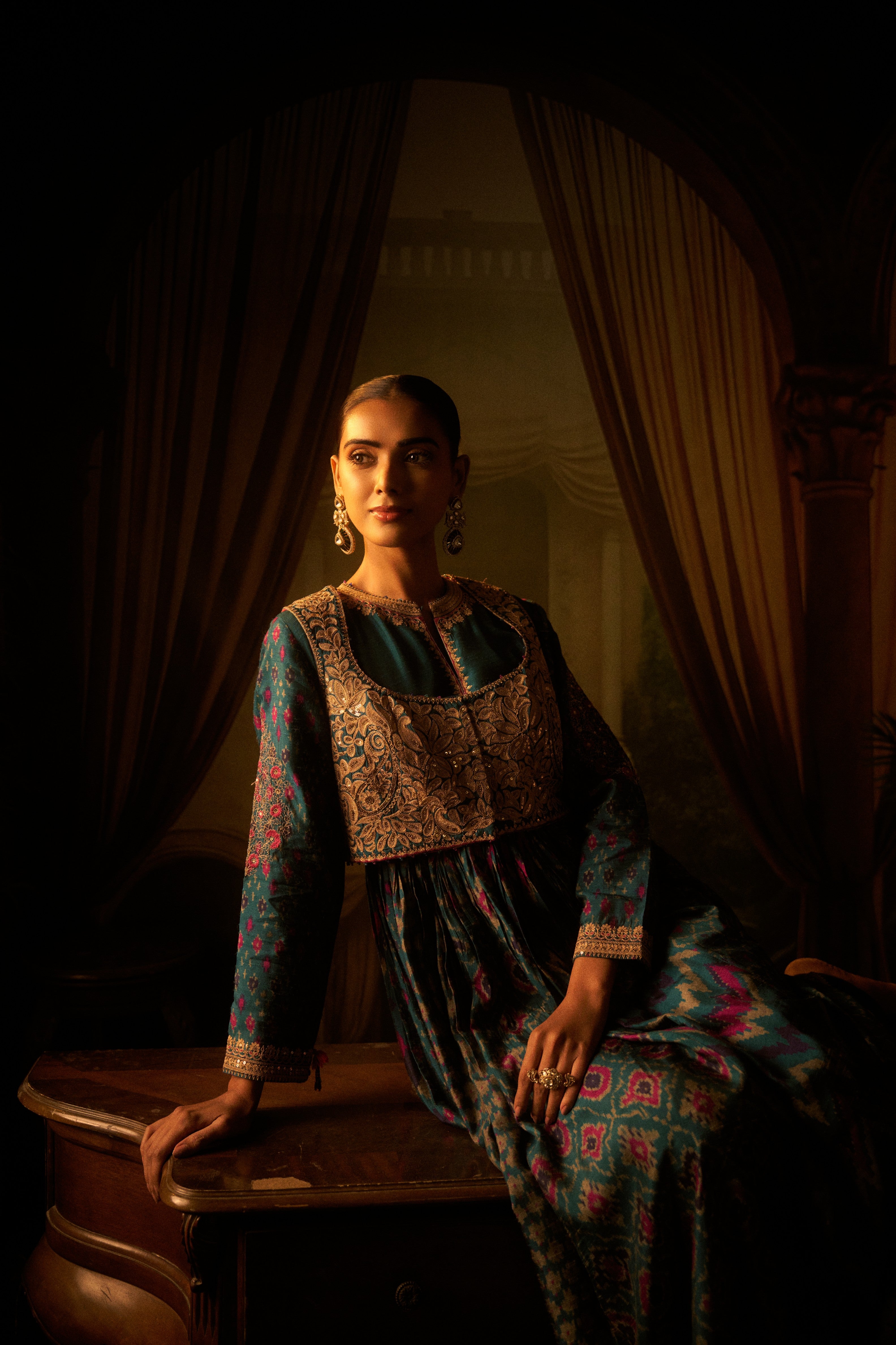 Teal Ikat Printed Anarkali Set with Zari Bodice