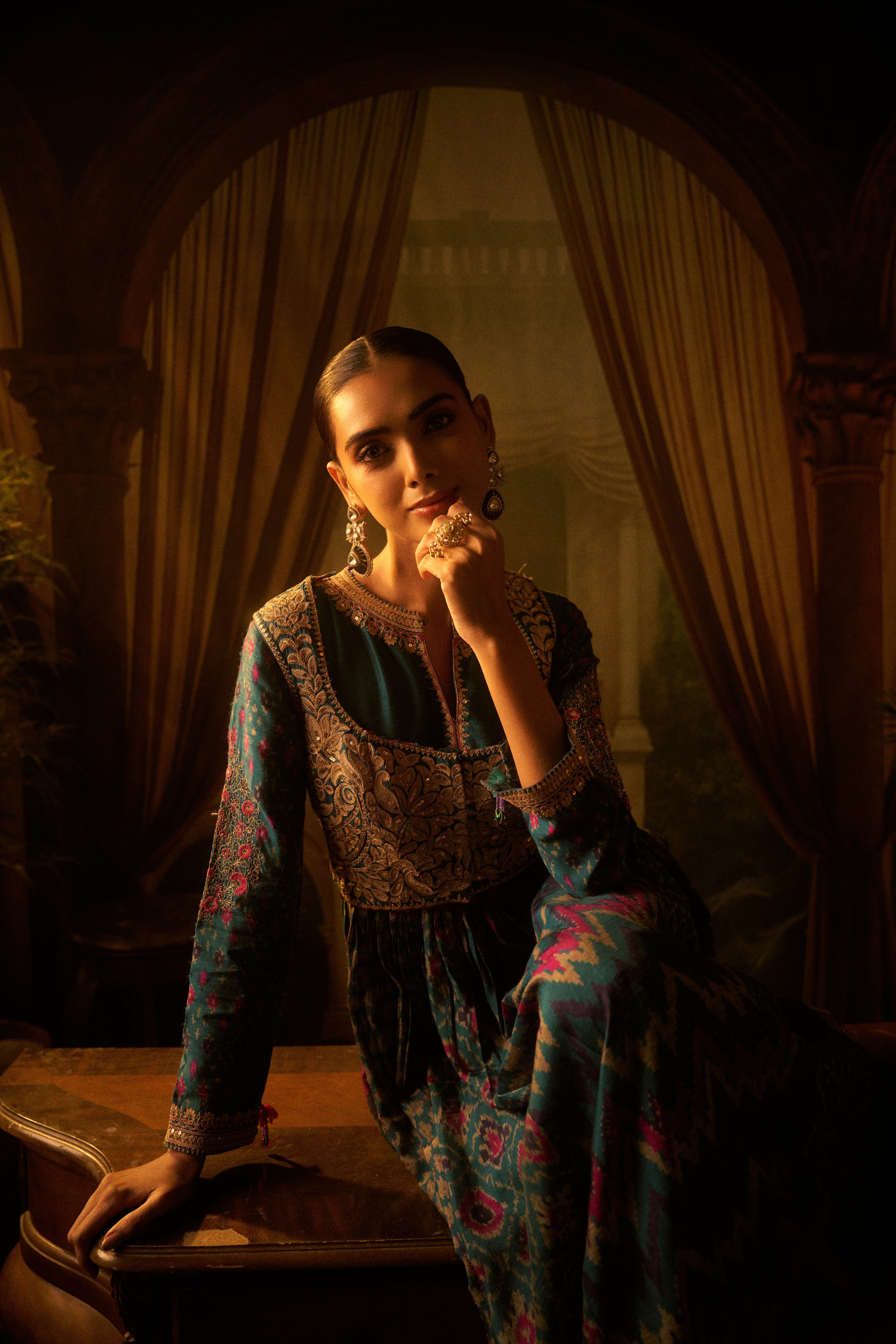 Teal Ikat Printed Anarkali Set with Zari Bodice