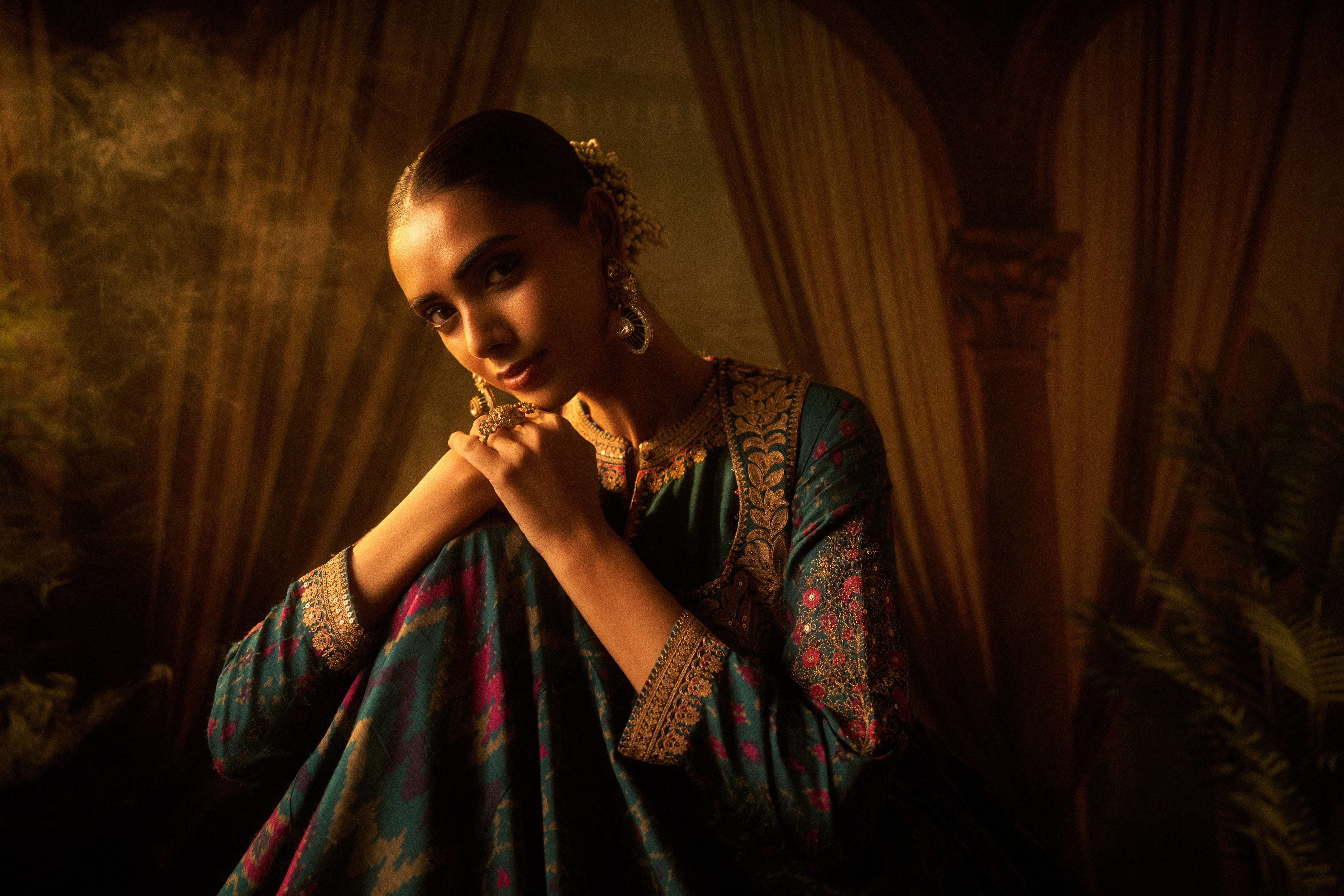 Teal Ikat Printed Anarkali Set with Zari Bodice