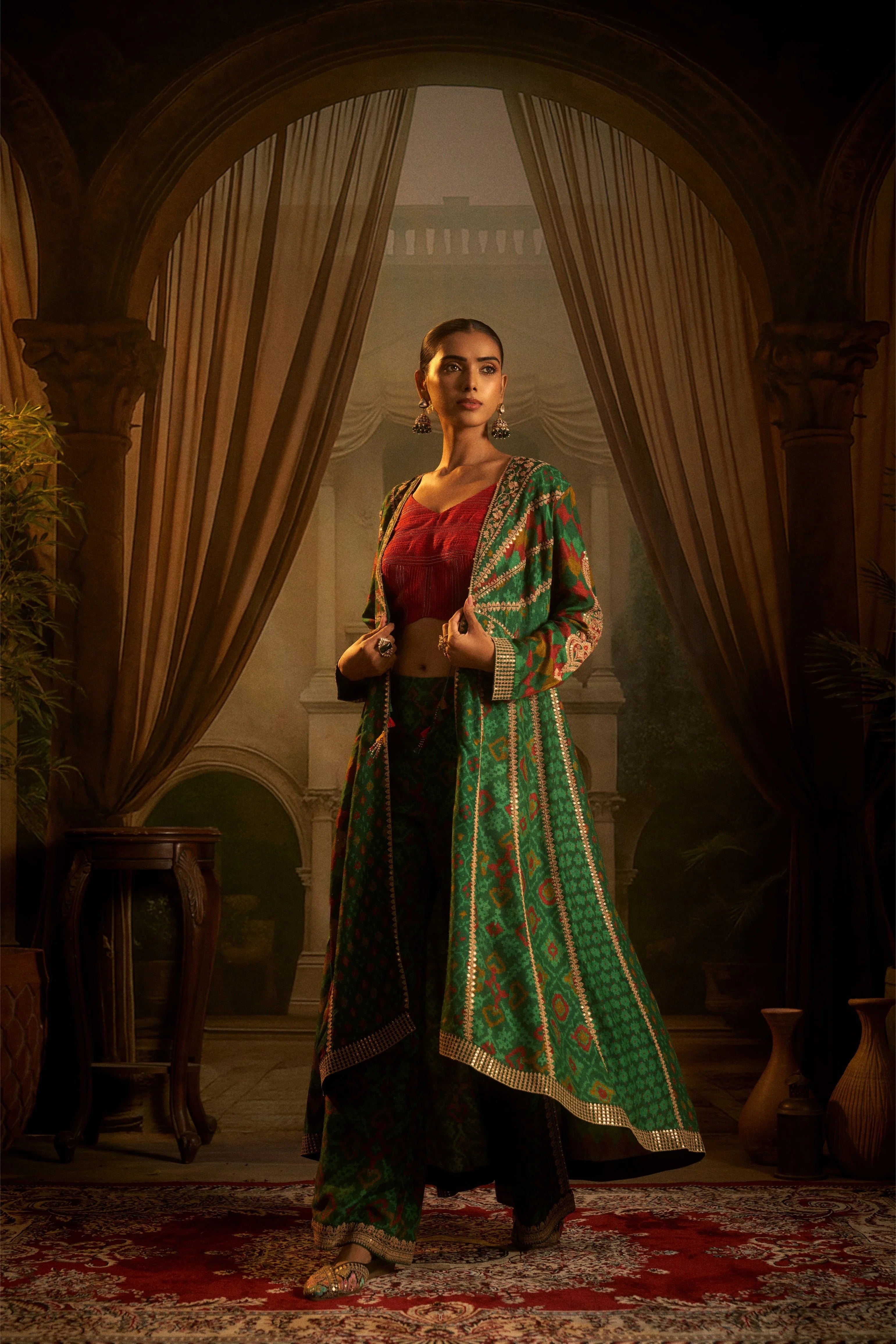 Green Ikat Printed Silk Indo-Western Set | Mokshaa