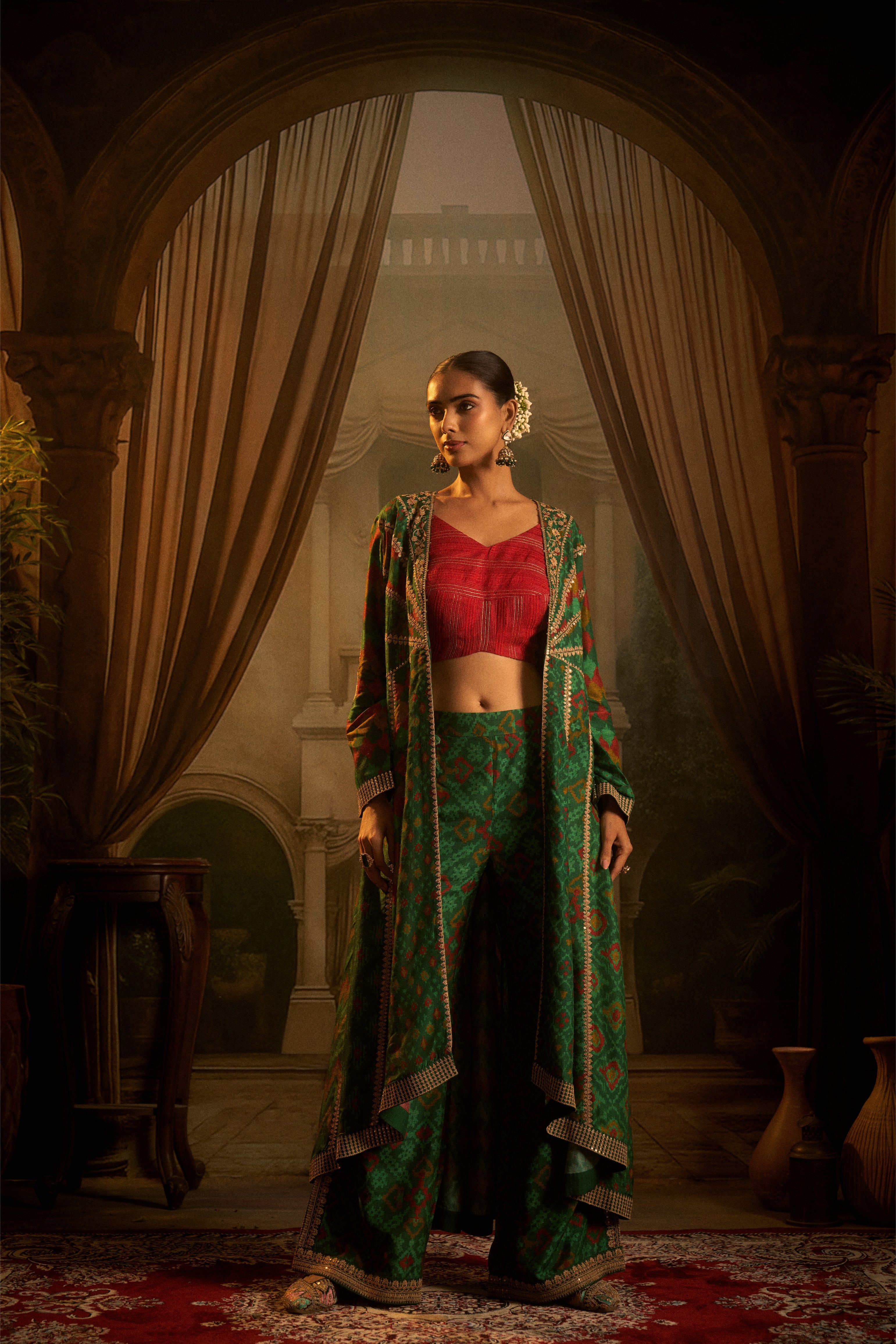 Green Ikat Printed Silk Indo-Western Set