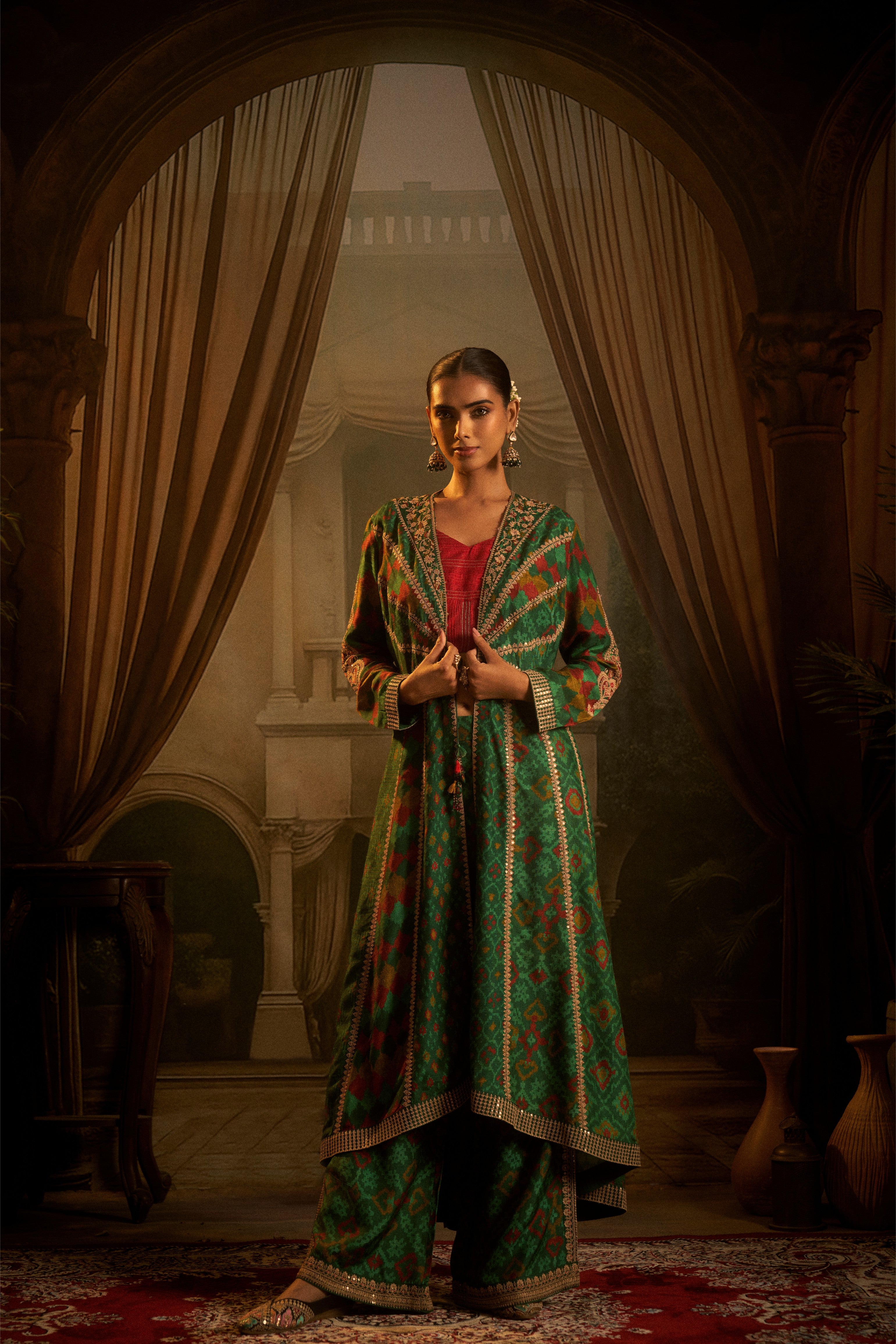 Green Ikat Printed Silk Indo-Western Set