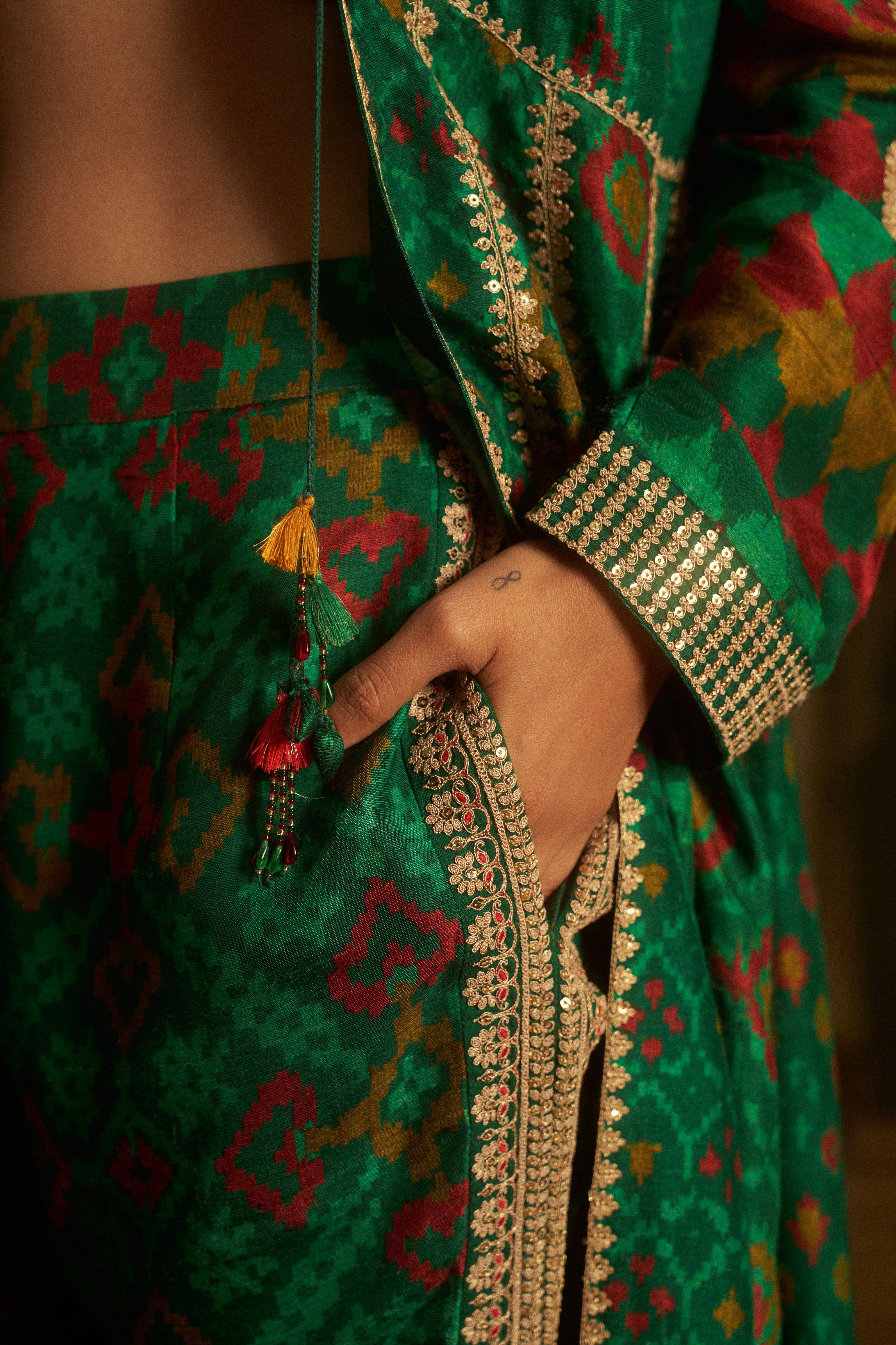 Green Ikat Printed Silk Indo-Western Set