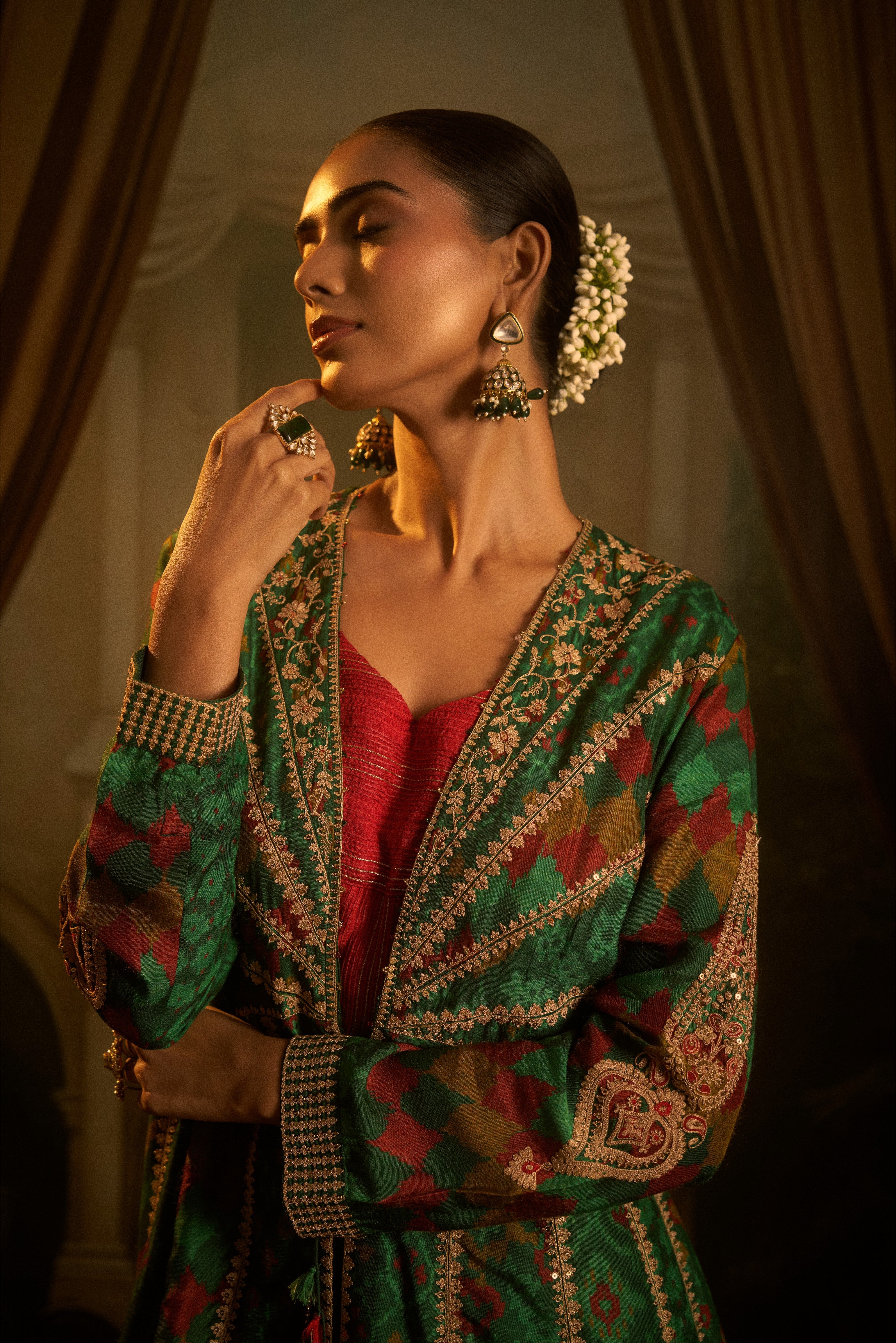 Green Ikat Printed Silk Indo-Western Set