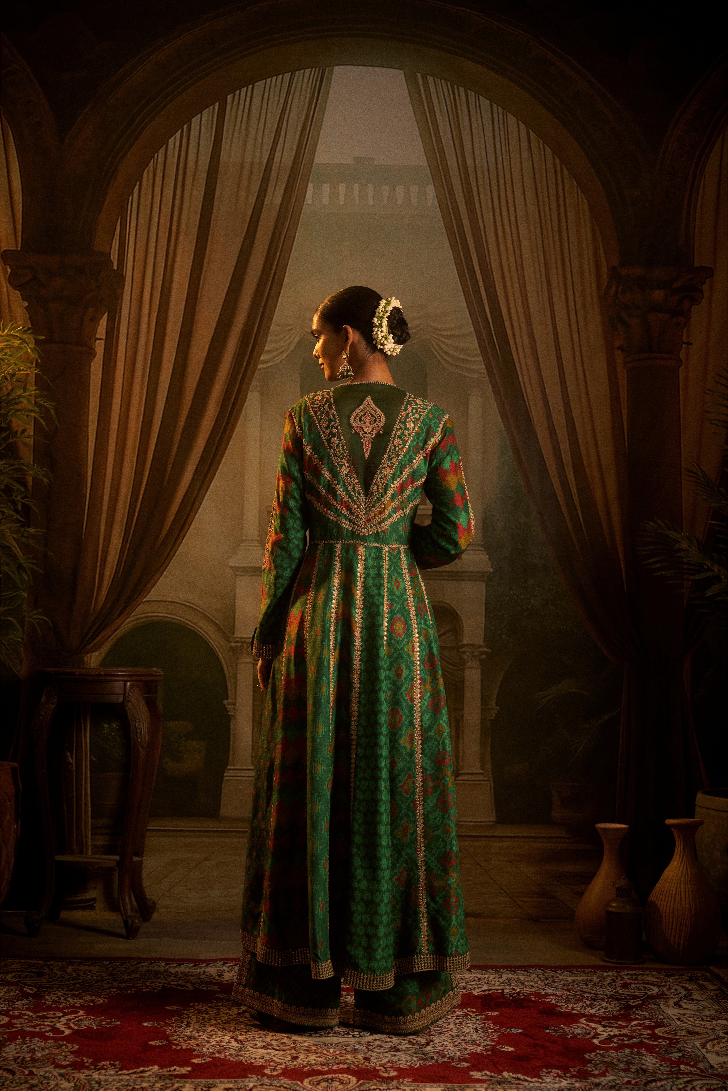 Green Ikat Printed Silk Indo-Western Set