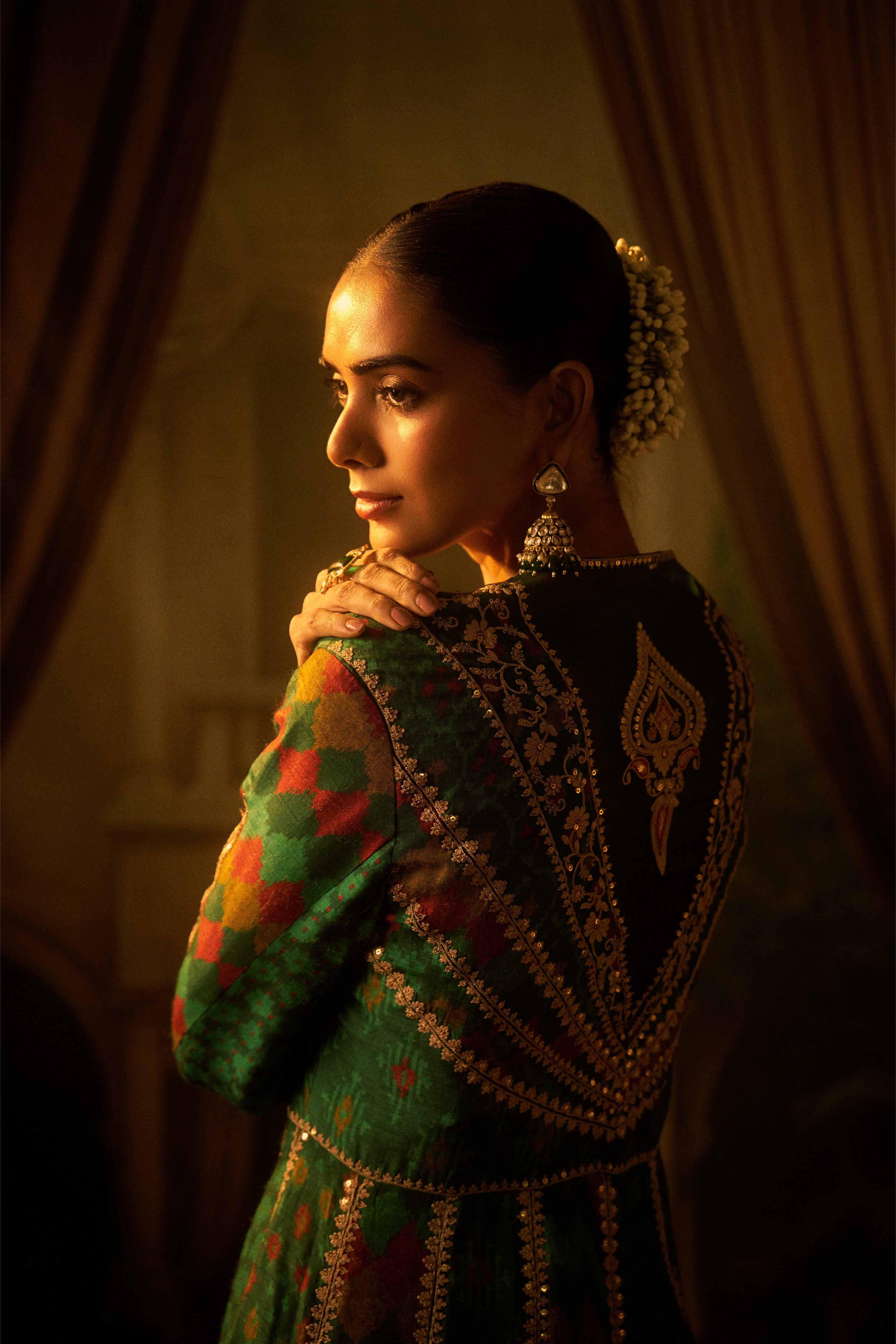 Green Ikat Printed Silk Indo-Western Set