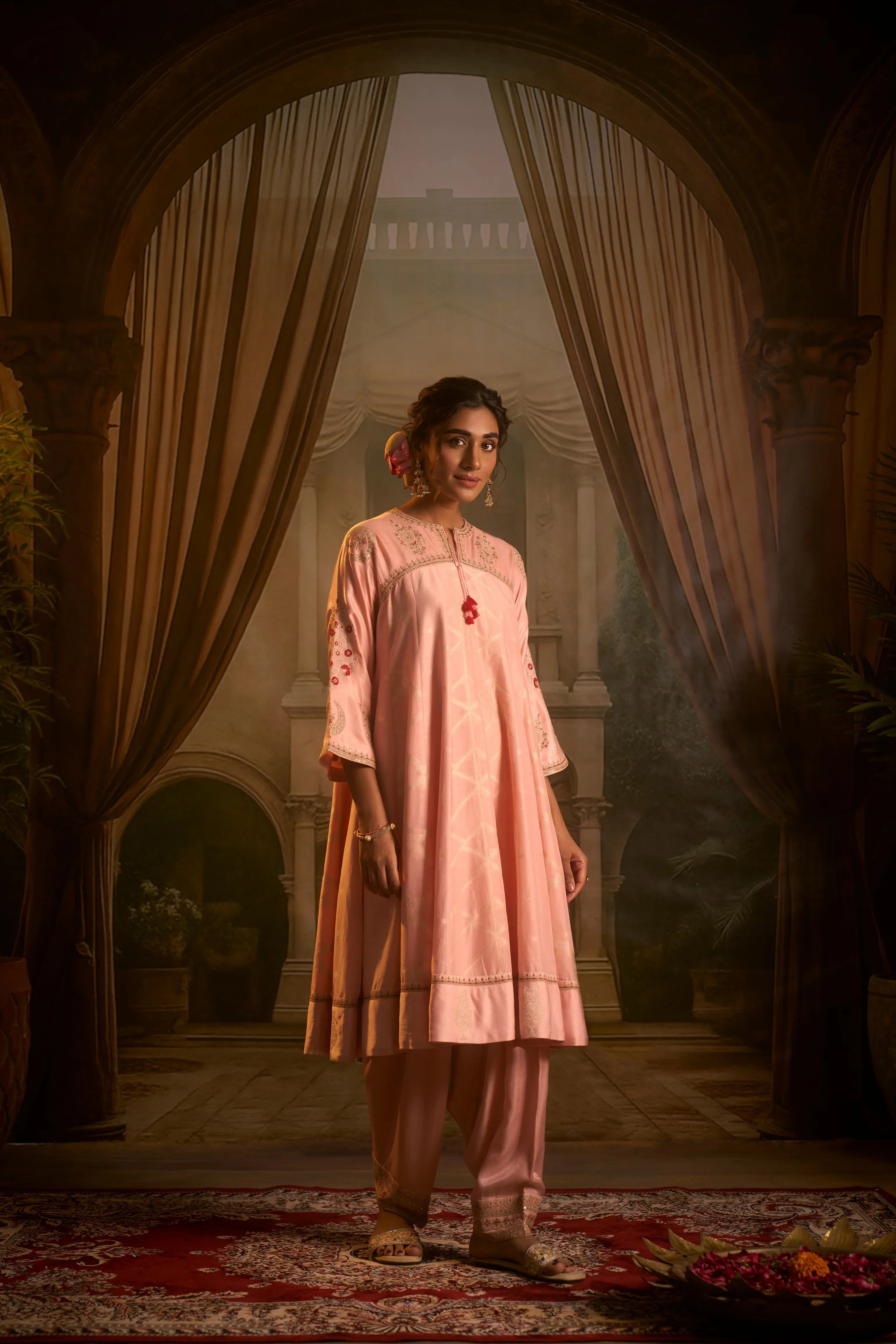 Blush Pink Embroidered Short Anarkali Salwar Set | Mokshaa