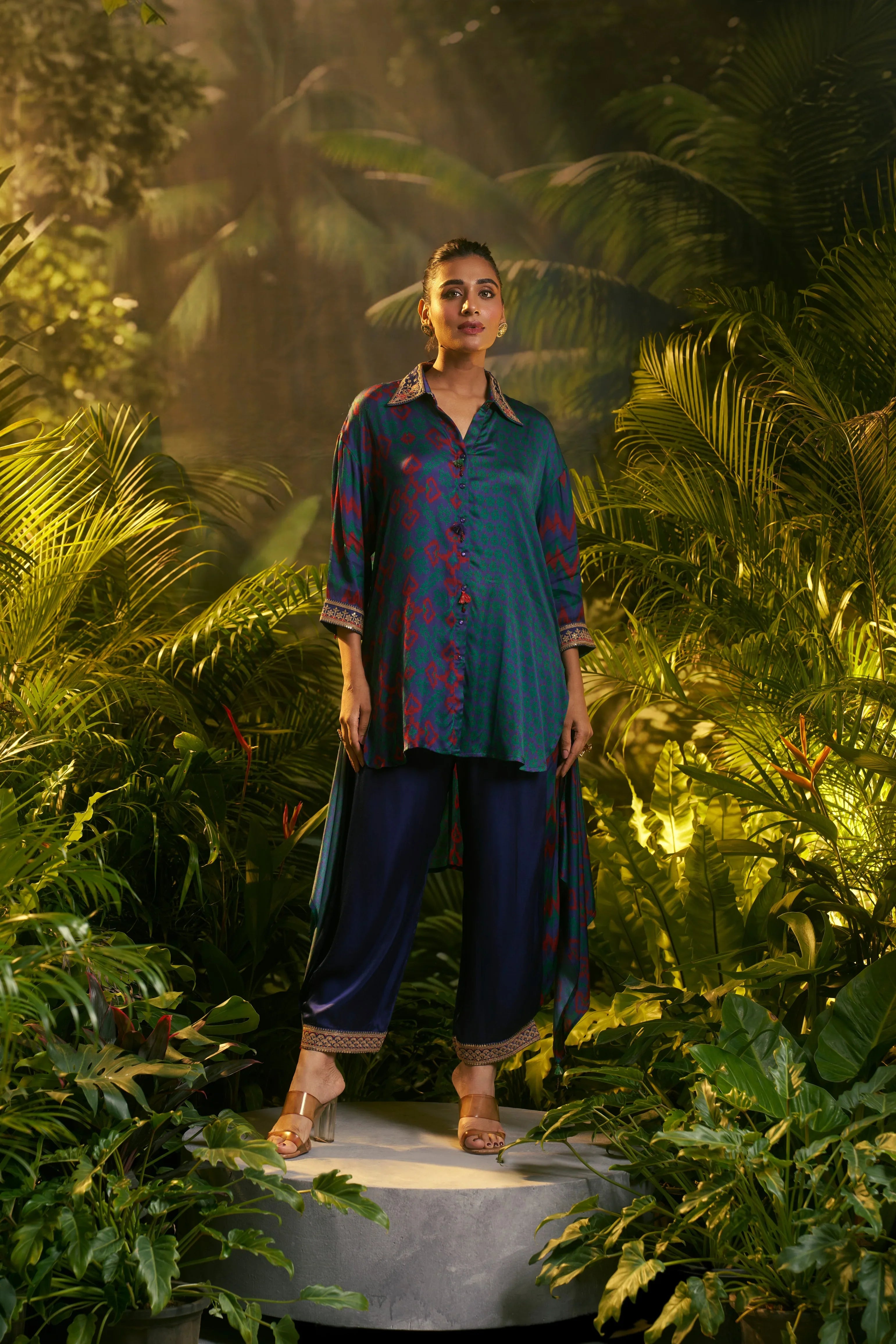 Teal Silk Printed Co-ord Set | Mokshaa