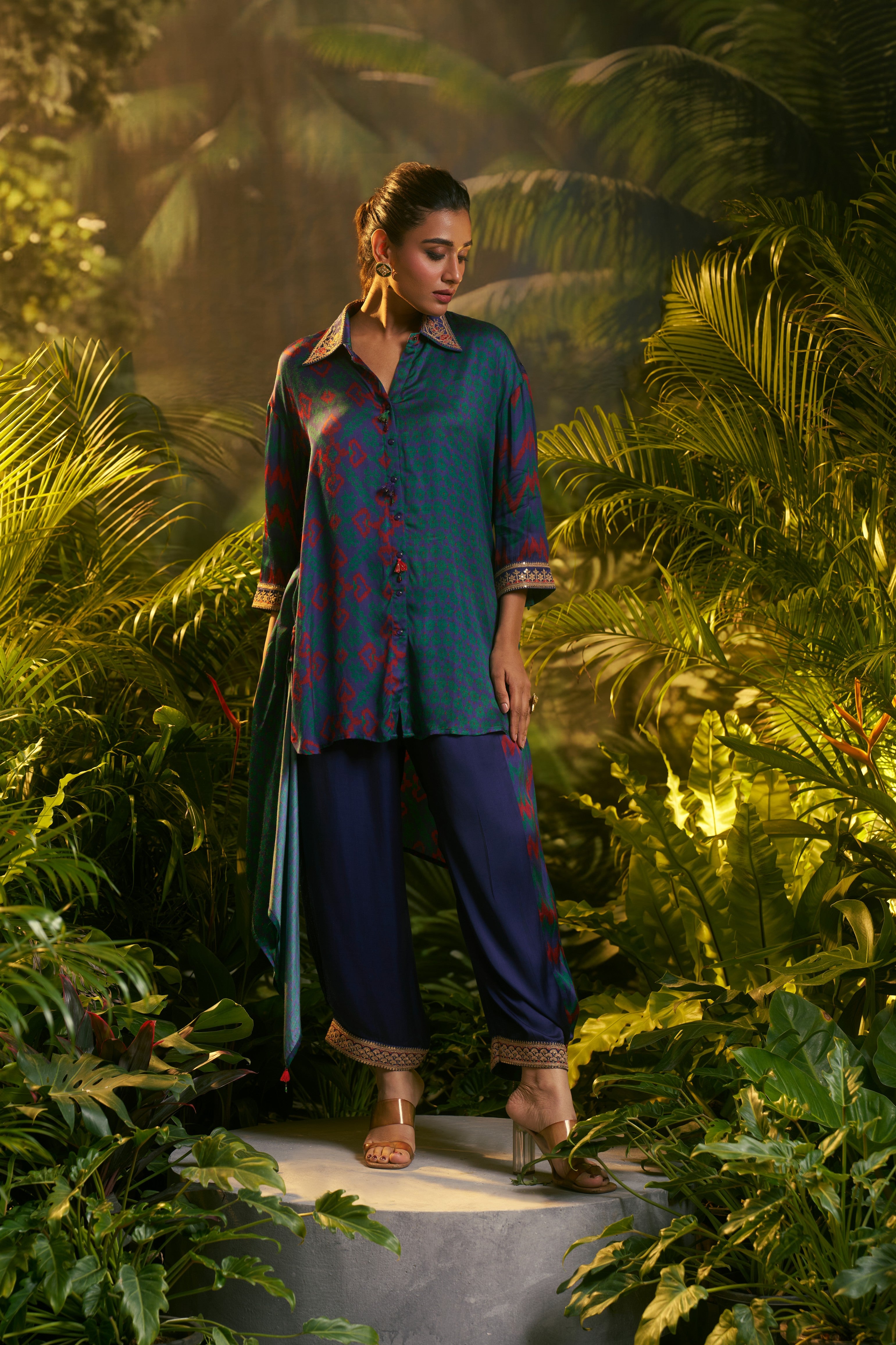 Teal Silk Printed Co-ord Set