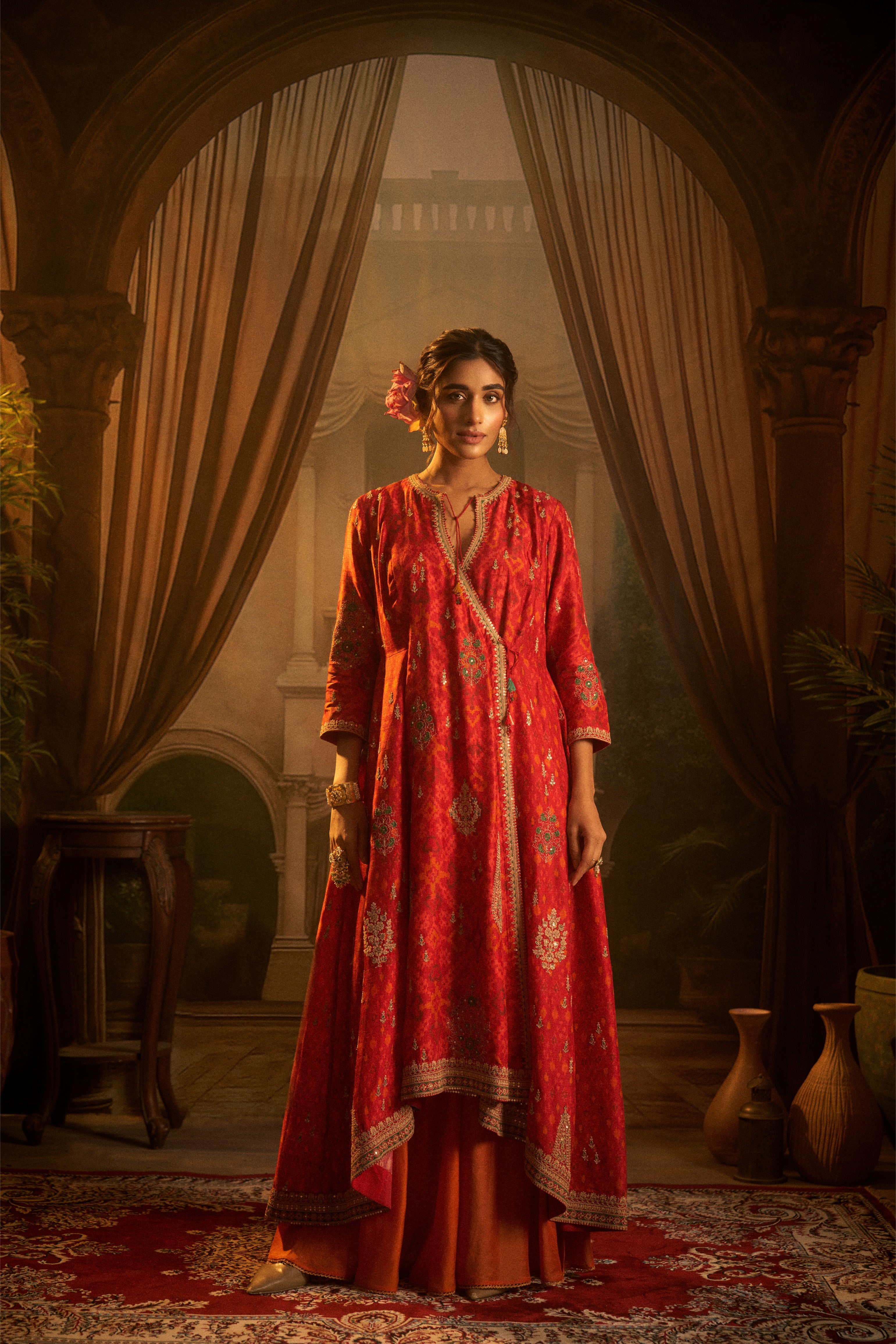 Red Ikat Embroidered Anarkali Set