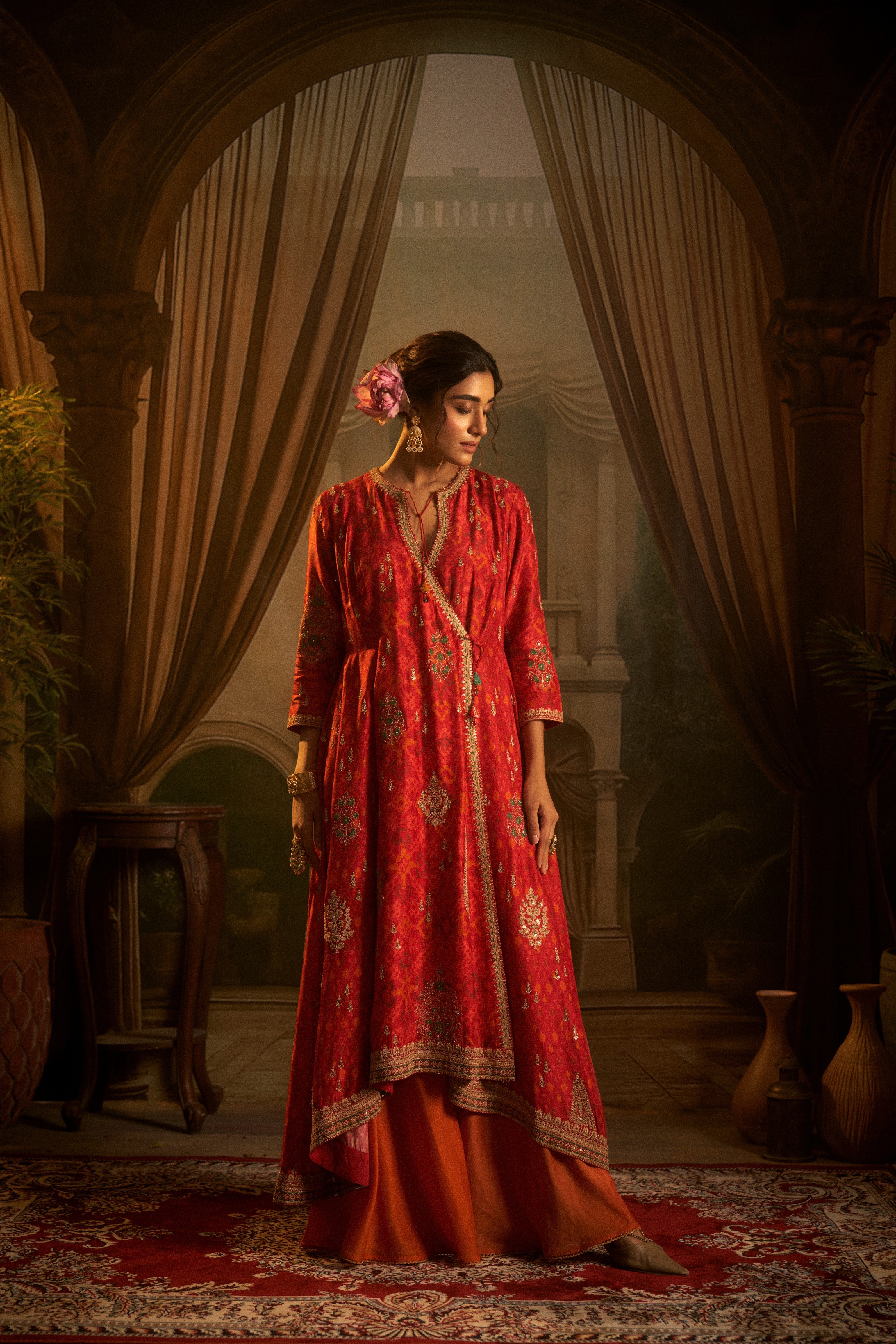 Red Ikat Embroidered Anarkali Set