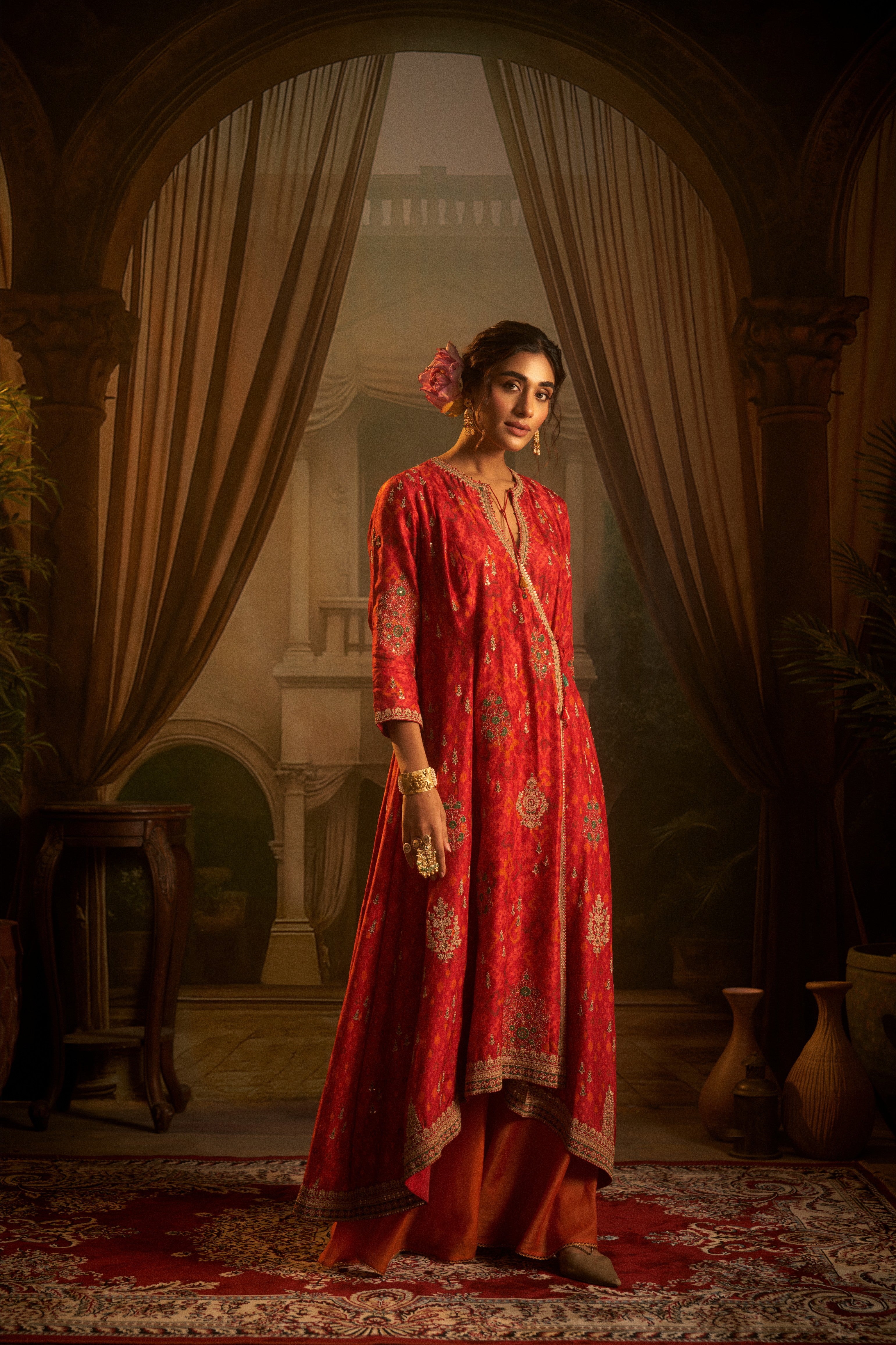 Red Ikat Embroidered Anarkali Set