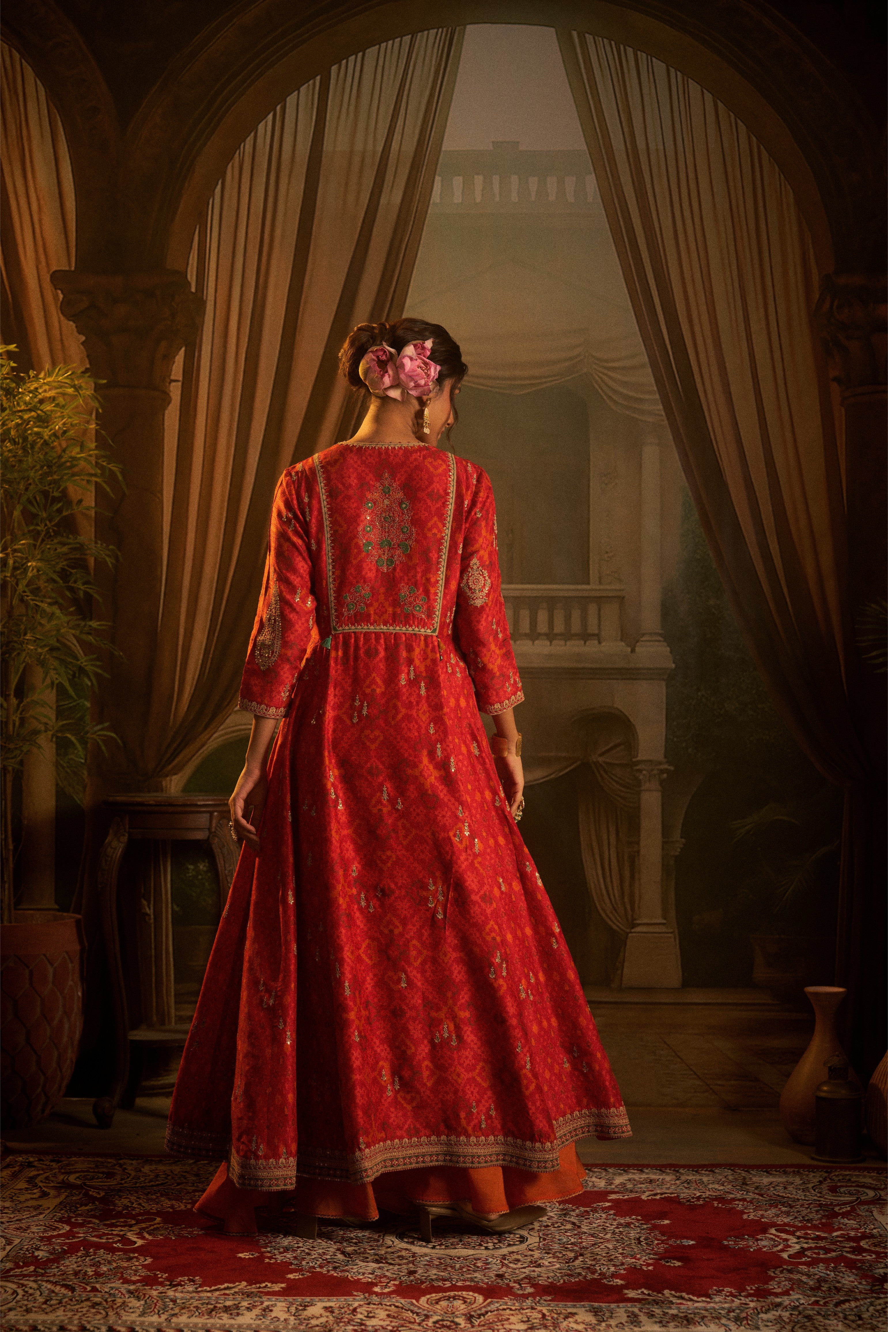 Red Ikat Embroidered Anarkali Set