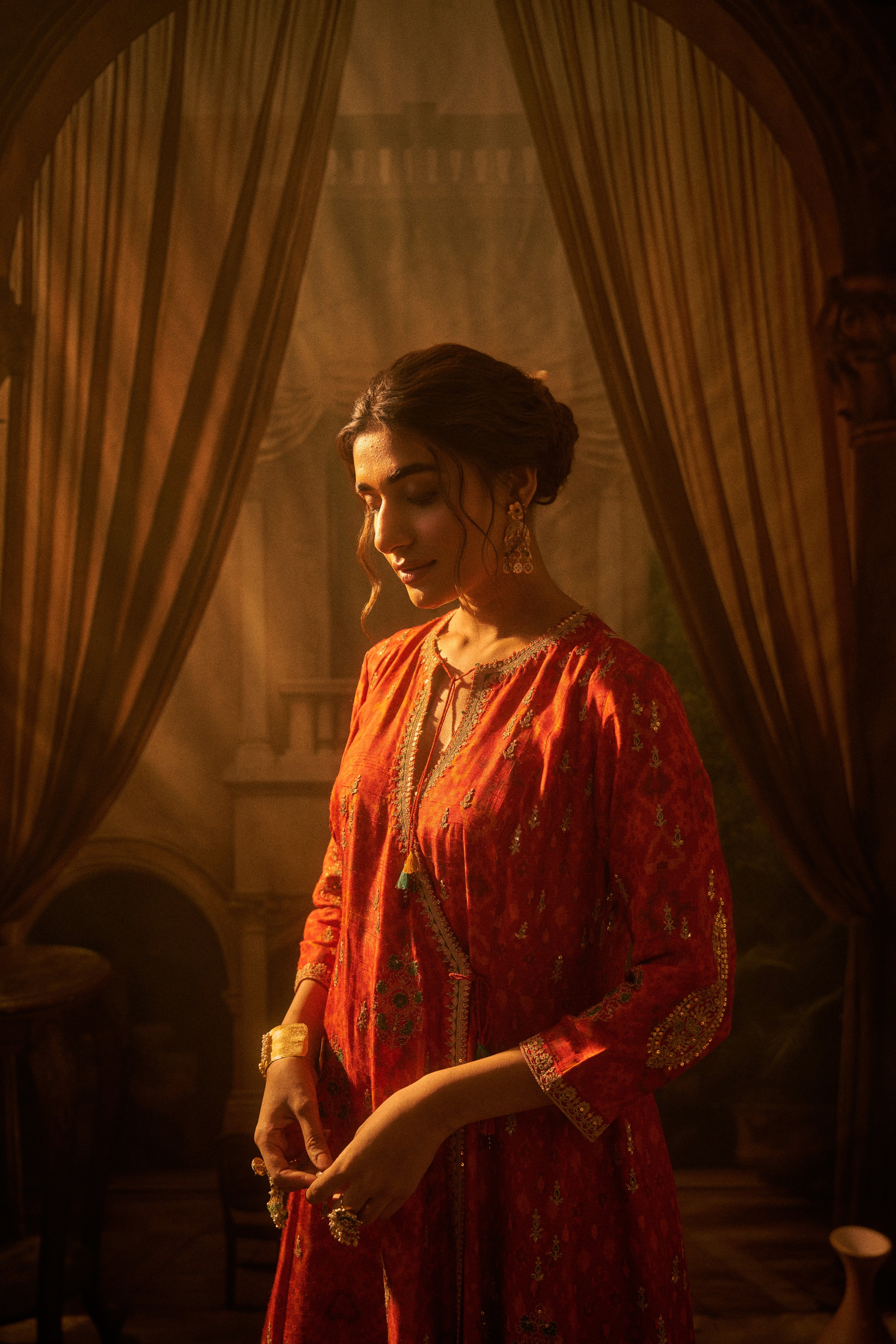 Red Ikat Embroidered Anarkali Set