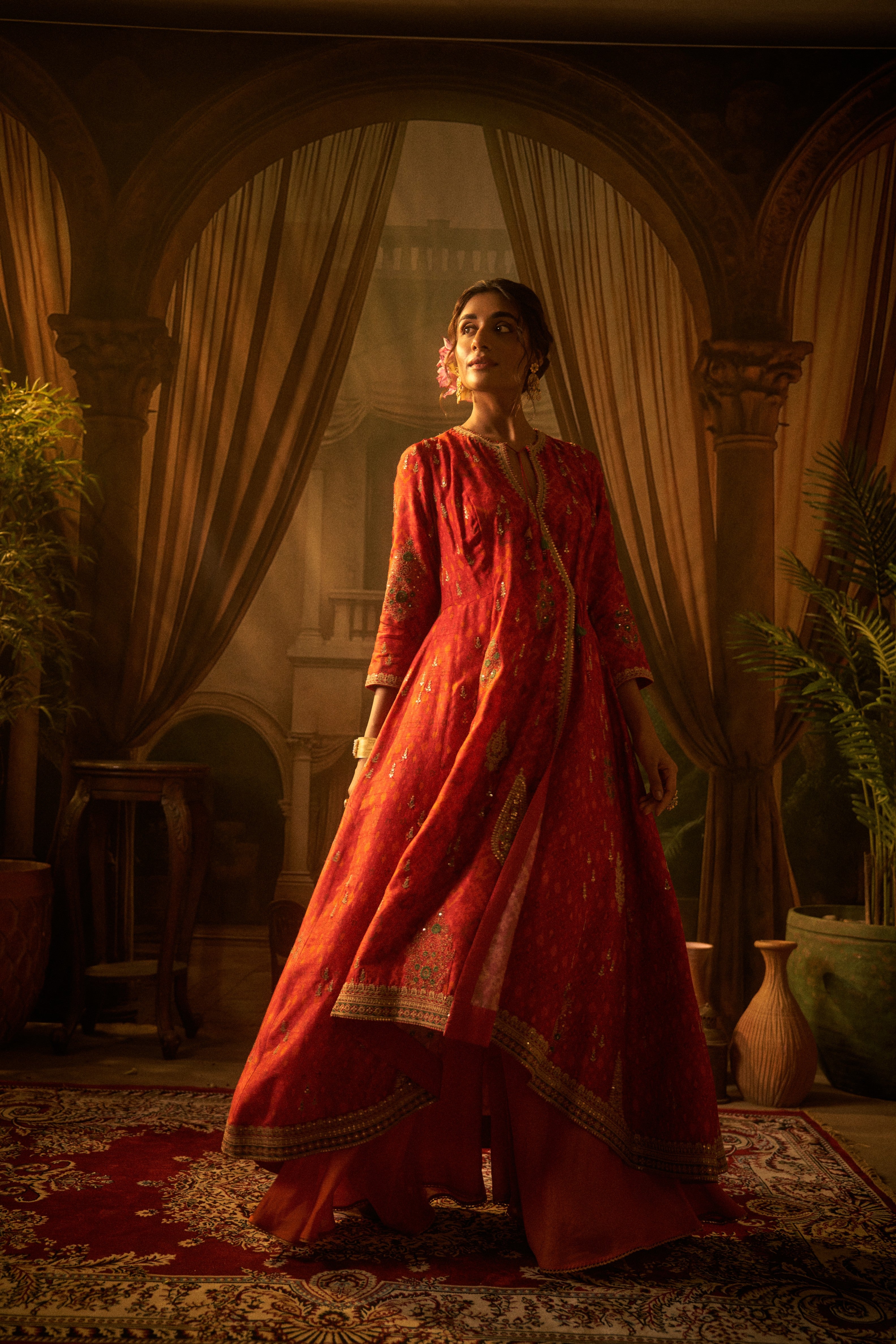 Red Ikat Embroidered Anarkali Set