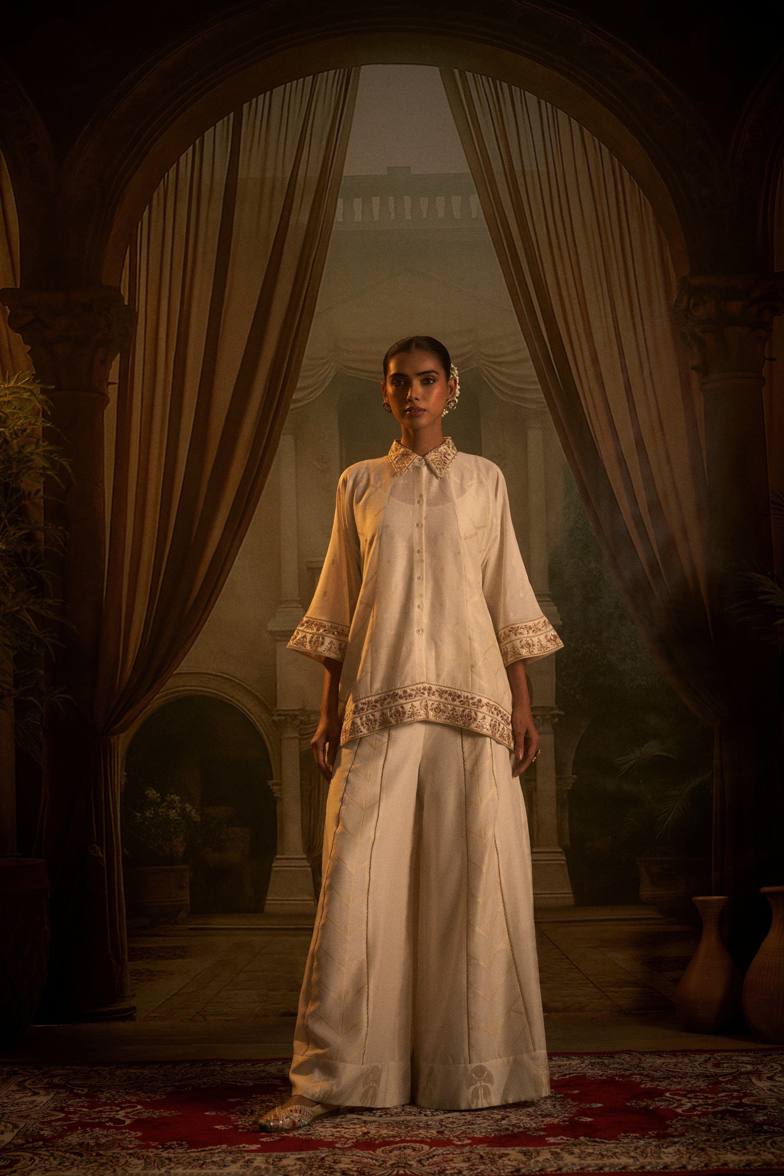 Ivory Embroidered Co-ord Set with Flared Pants