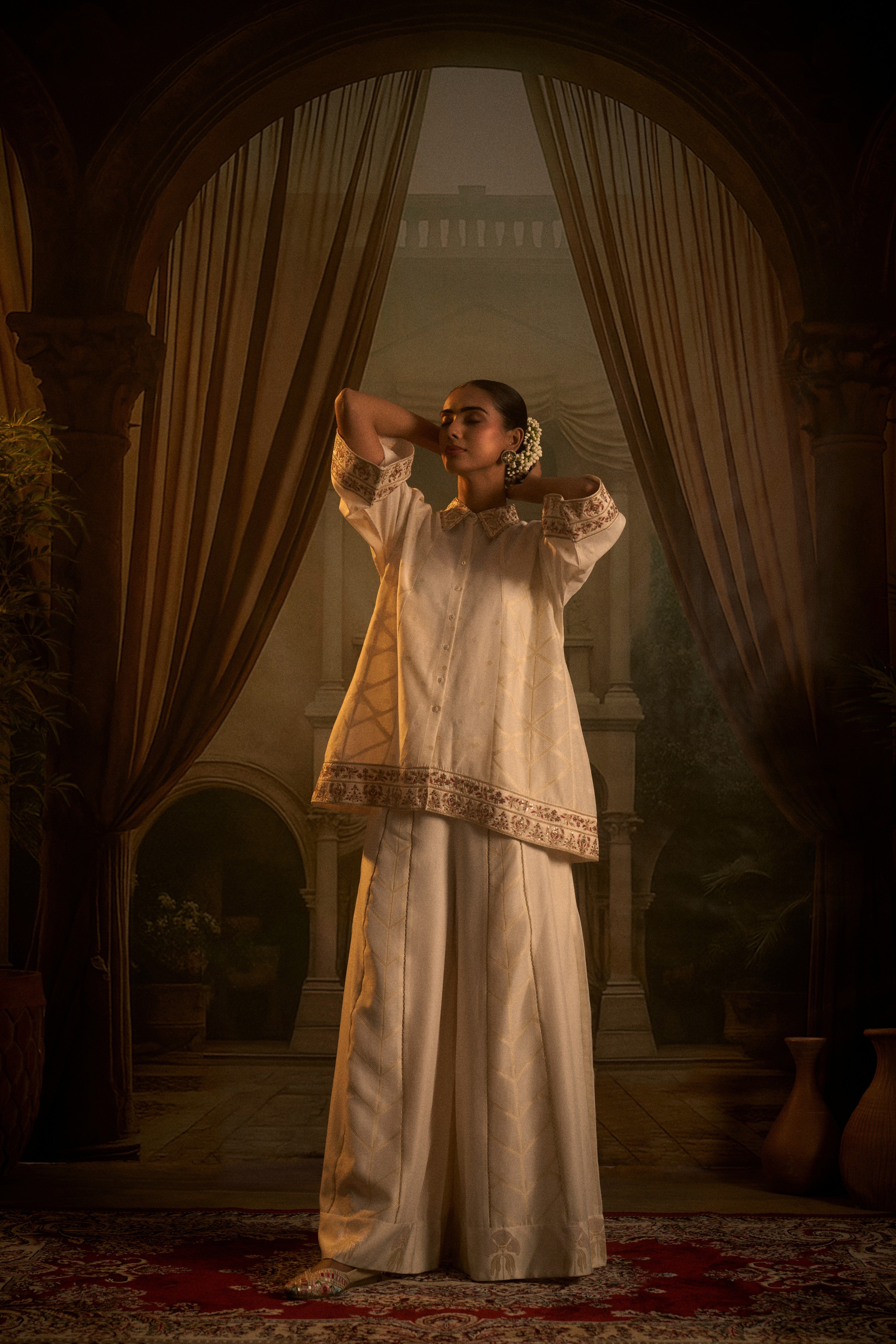 Ivory Embroidered Silk Cord Set