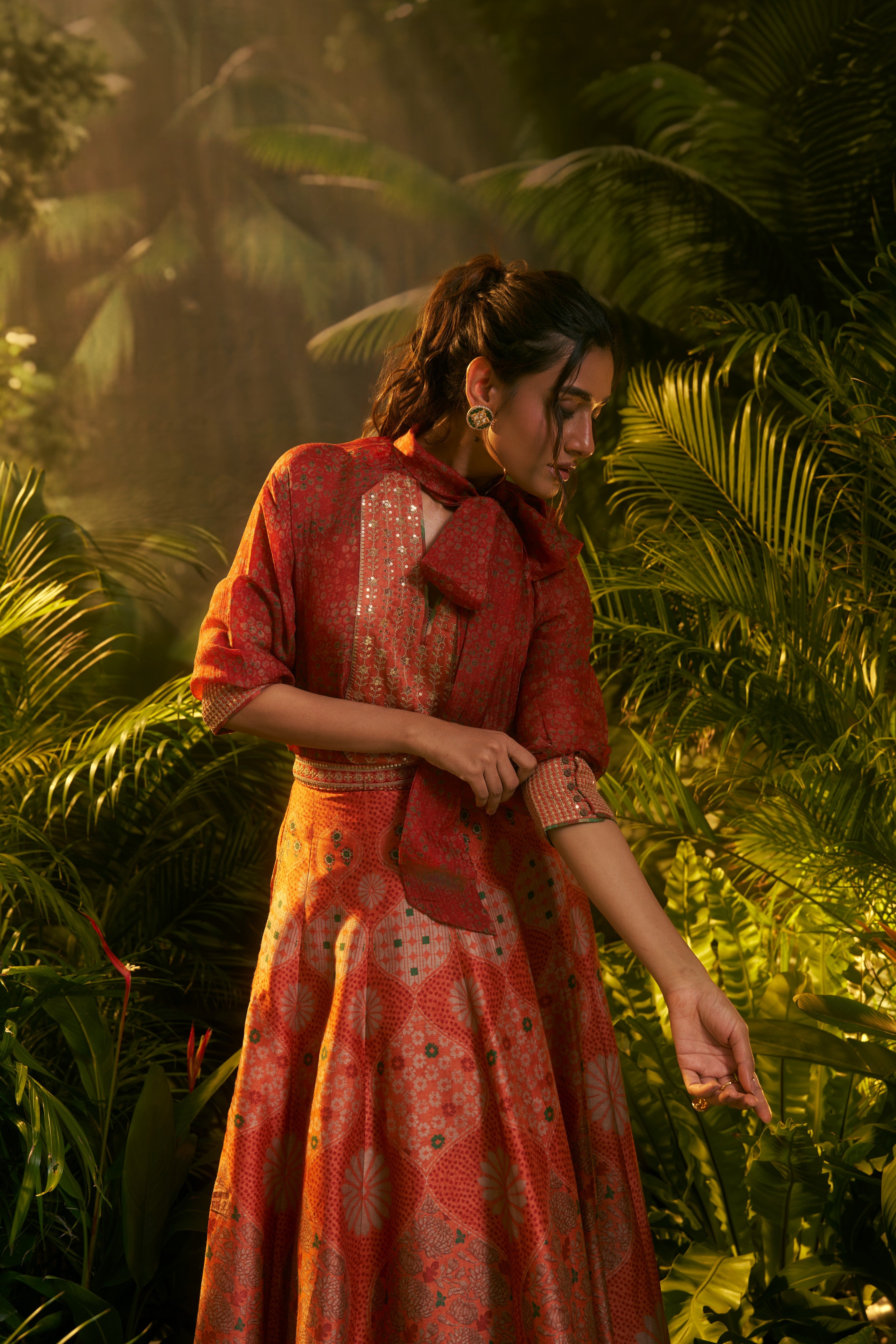 Red Silk Printed Shirt and Skirt Set