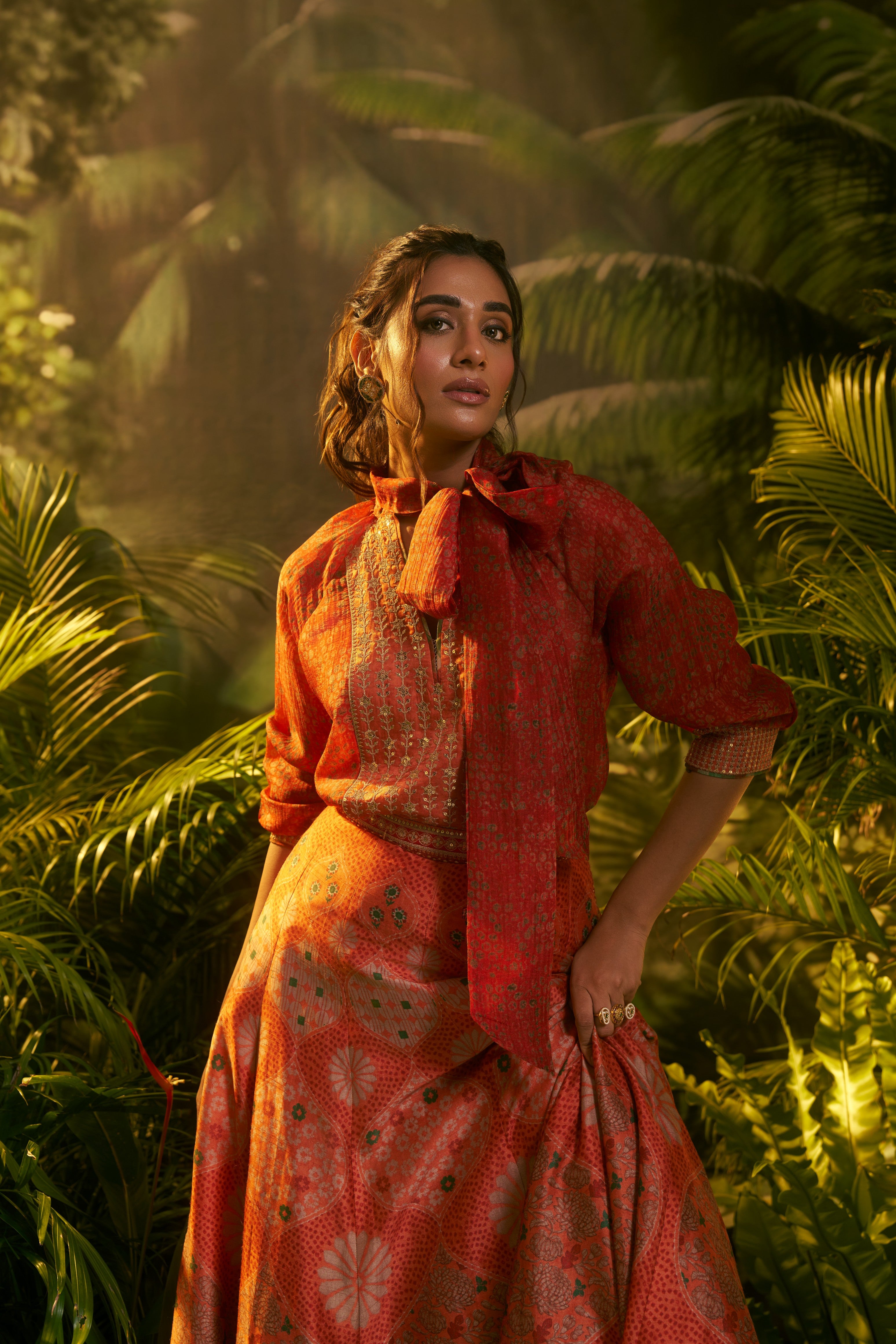 Red Silk Printed Shirt and Skirt Set