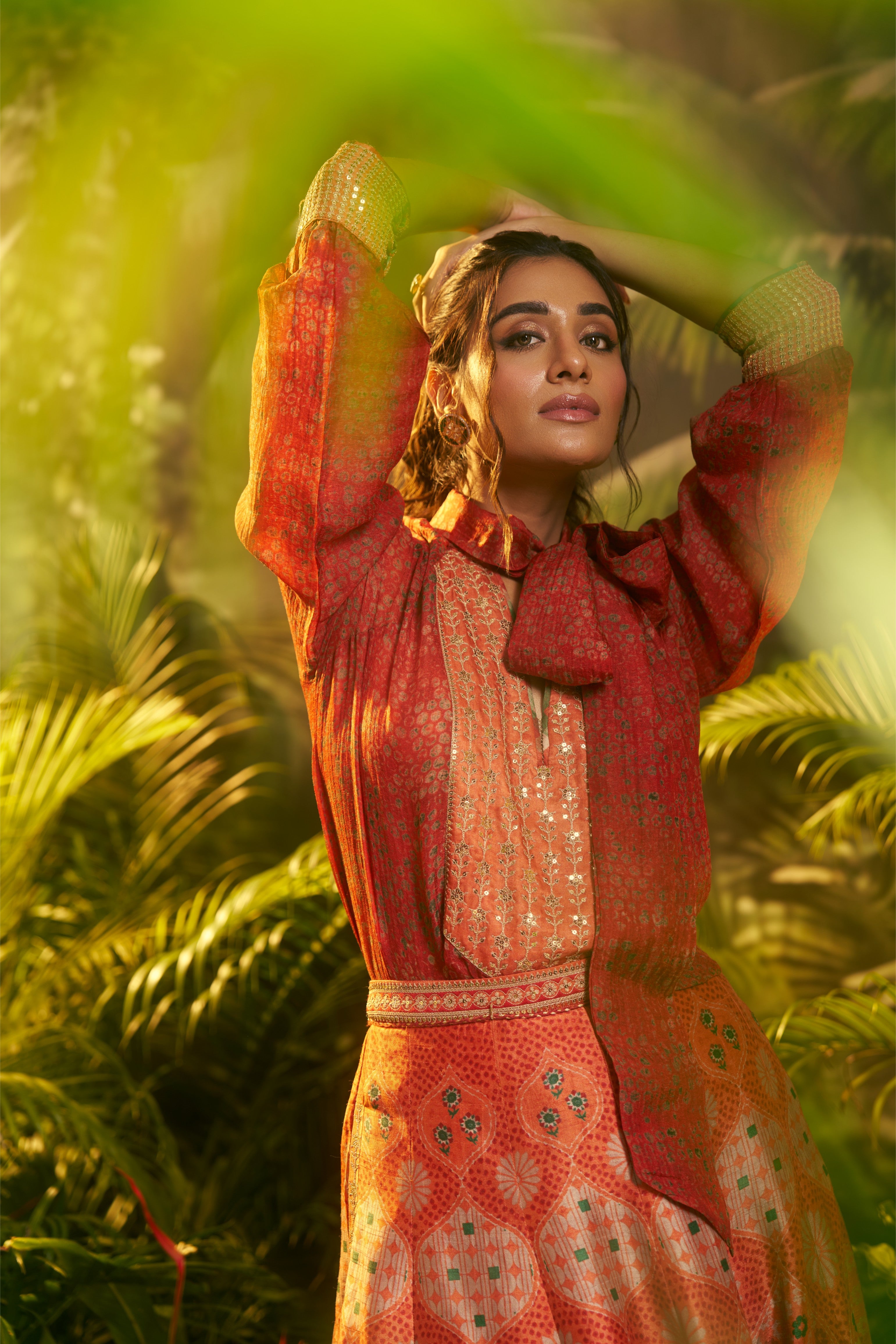 Red Silk Printed Shirt and Skirt Set