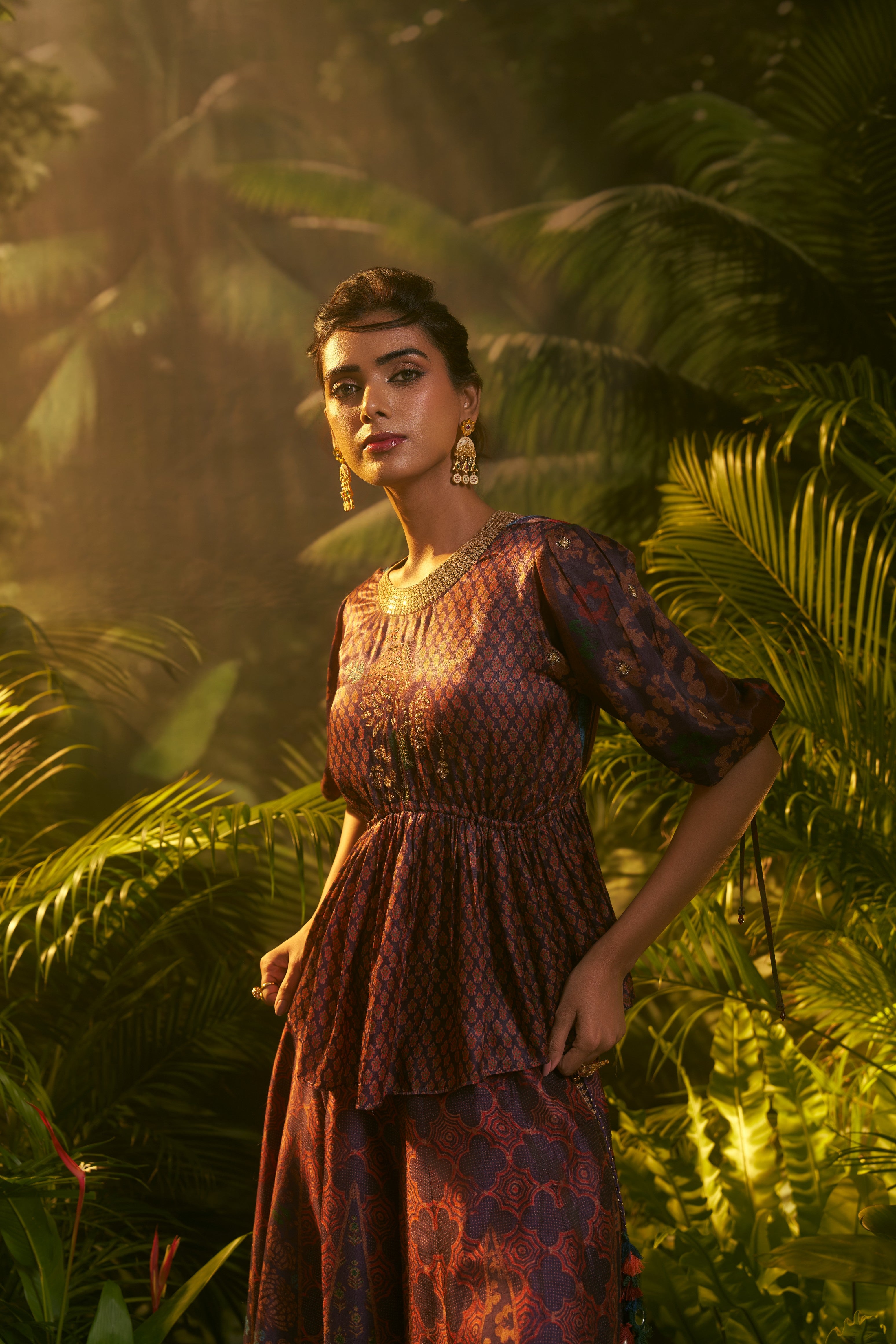 Purple Multicolour Printed Silk Co-ord Set