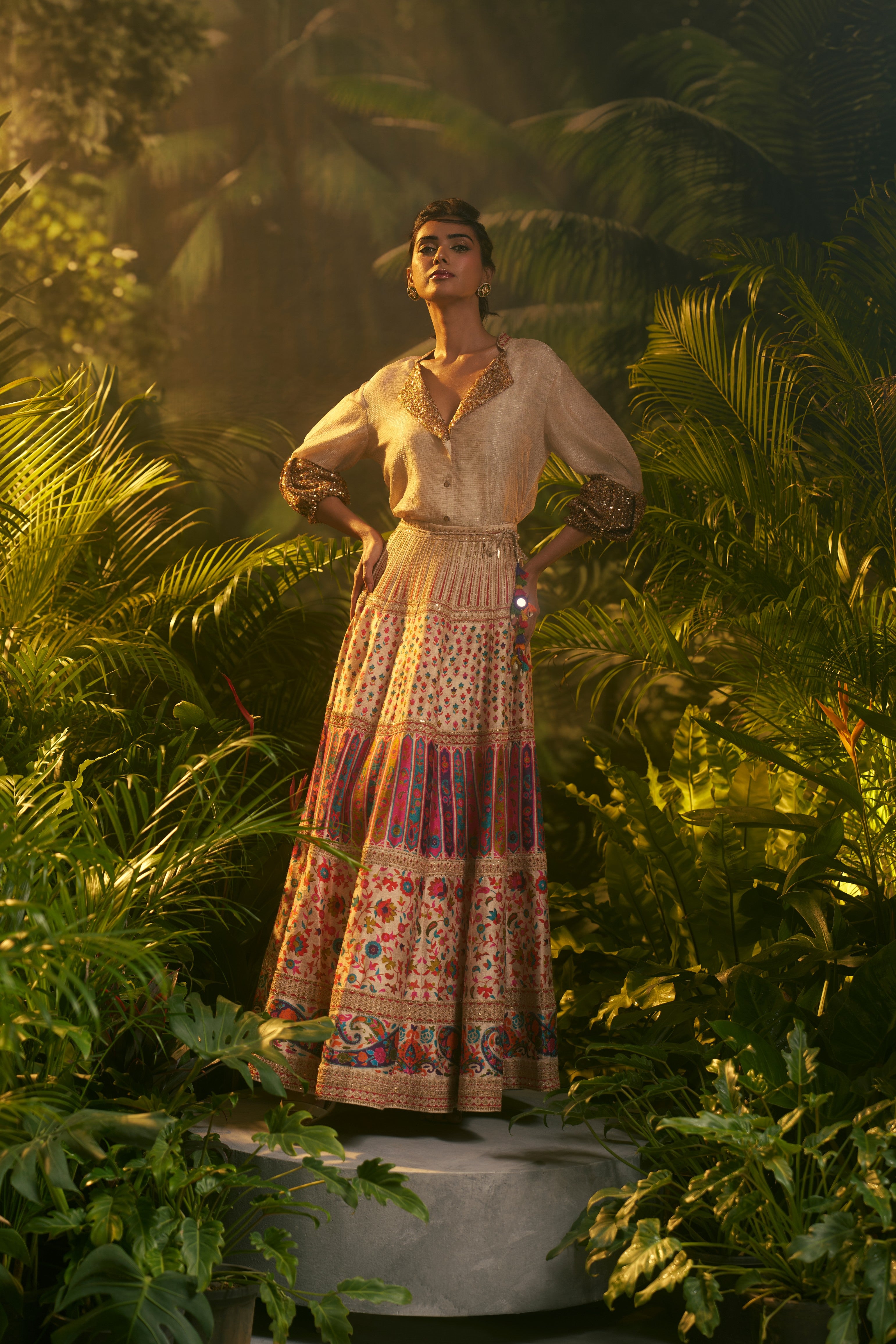 Gold Silk Shirt and Skirt Set