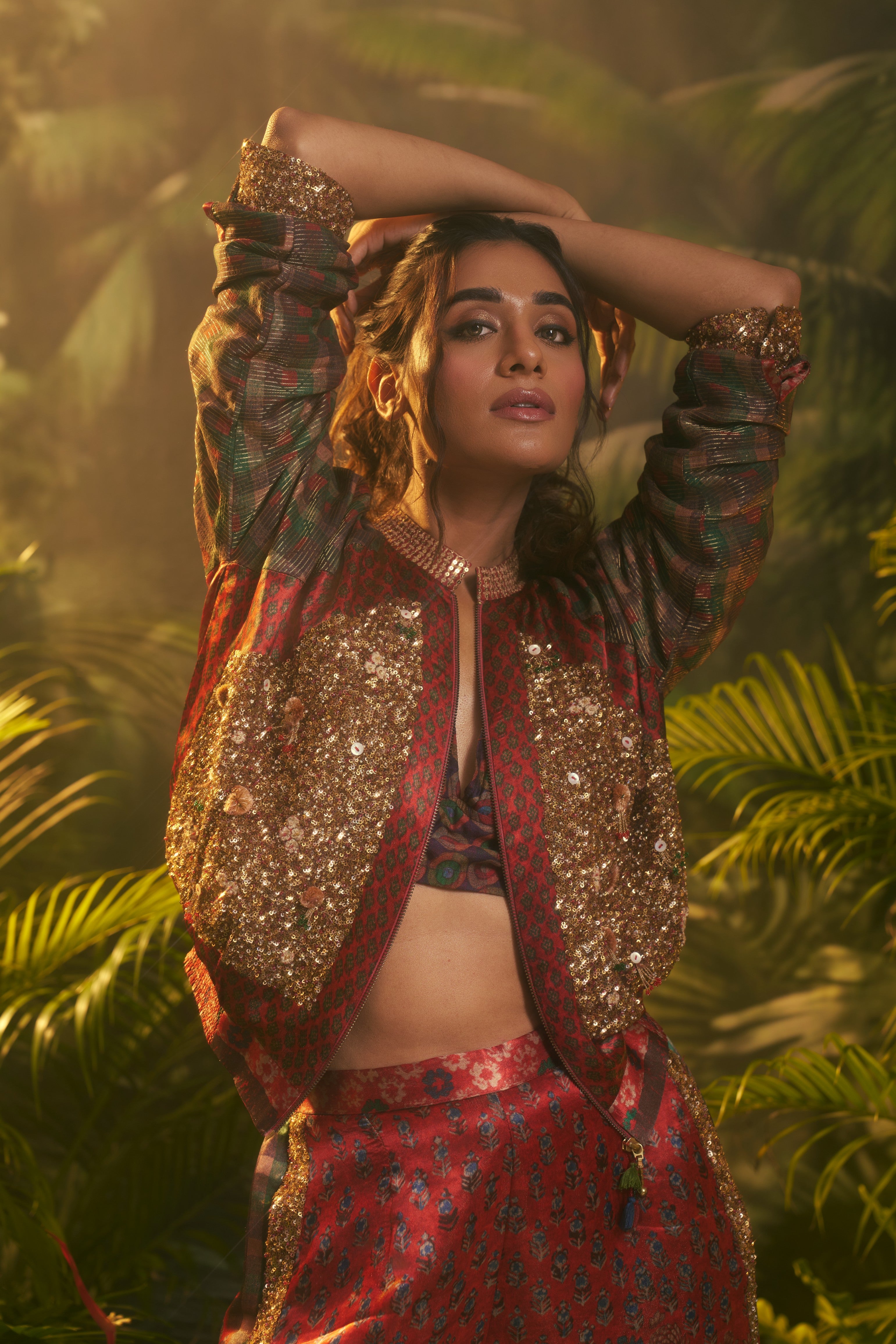 Red and Olive Embroidered Indo-western Set