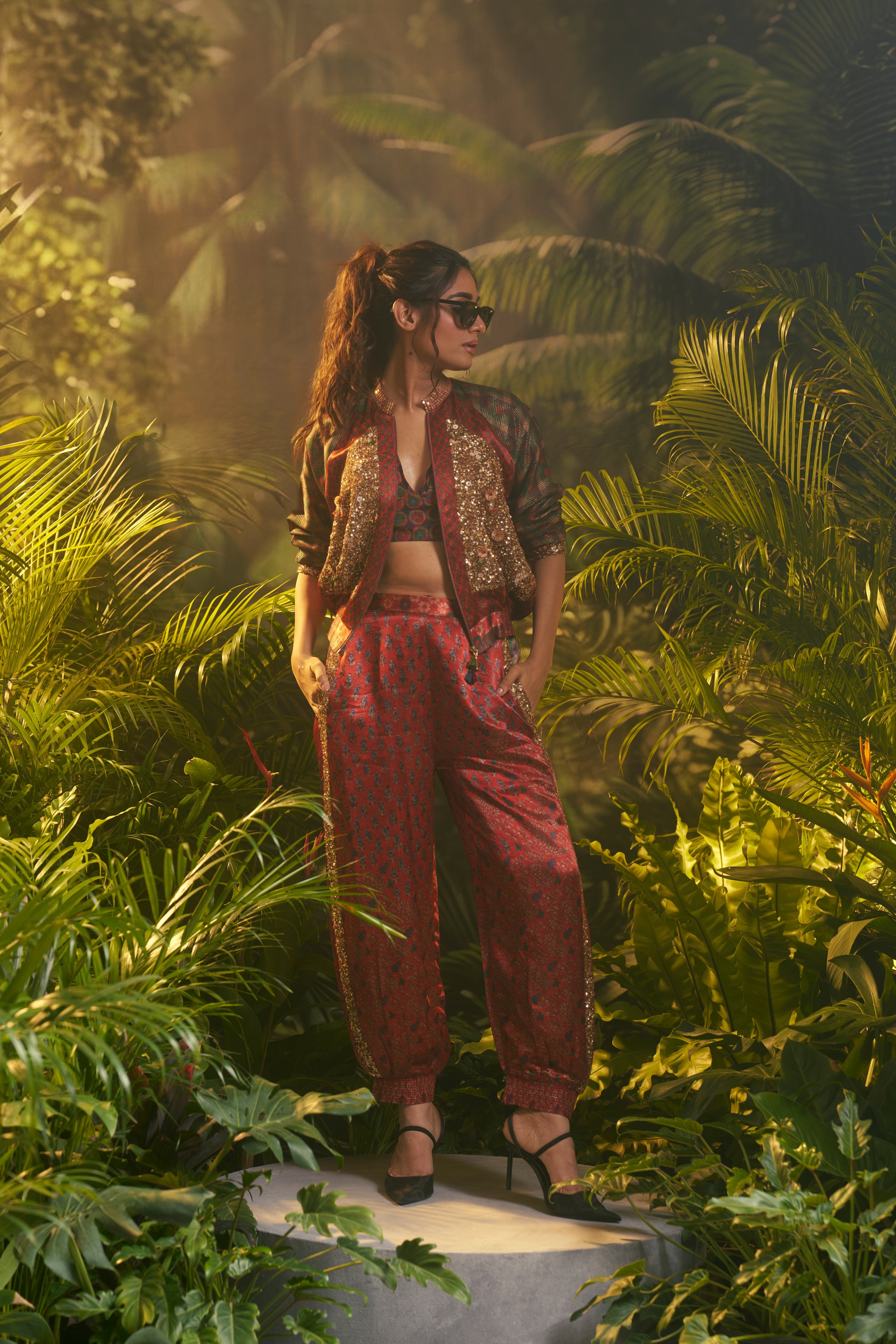 Red and Olive Embroidered Indo-western Set