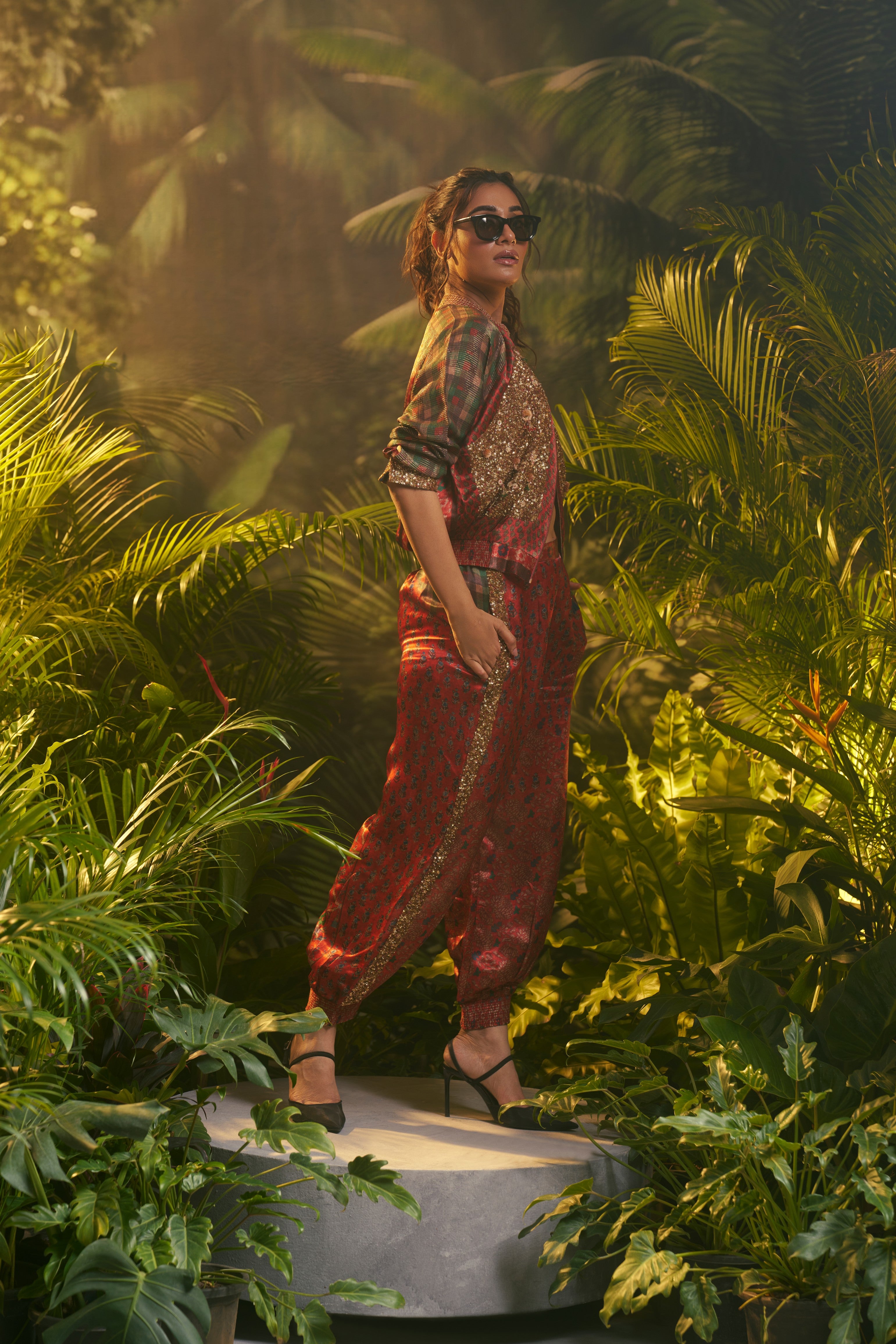 Red and Olive Embroidered Indo-western Set