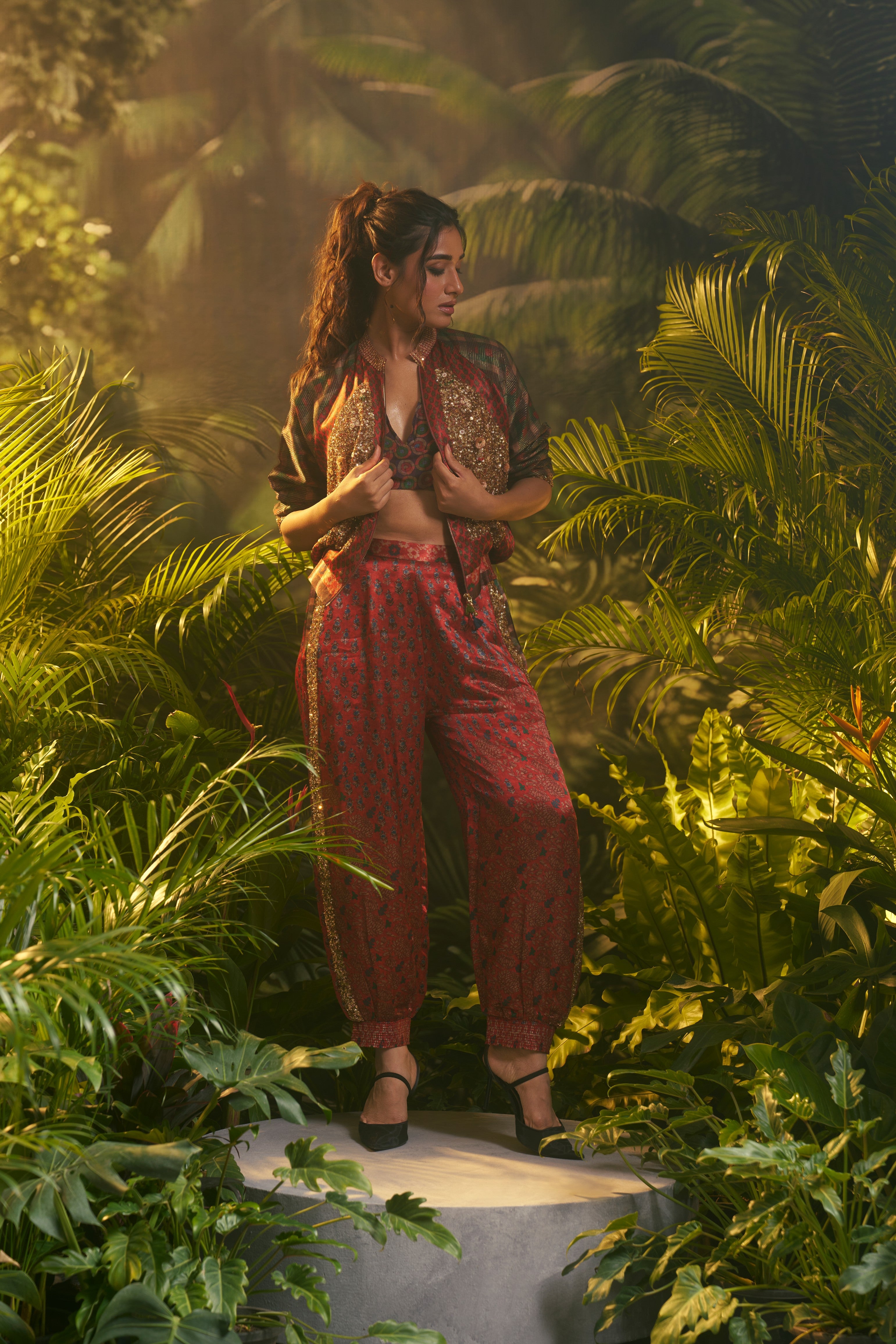 Red and Olive Embroidered Indo-western Set