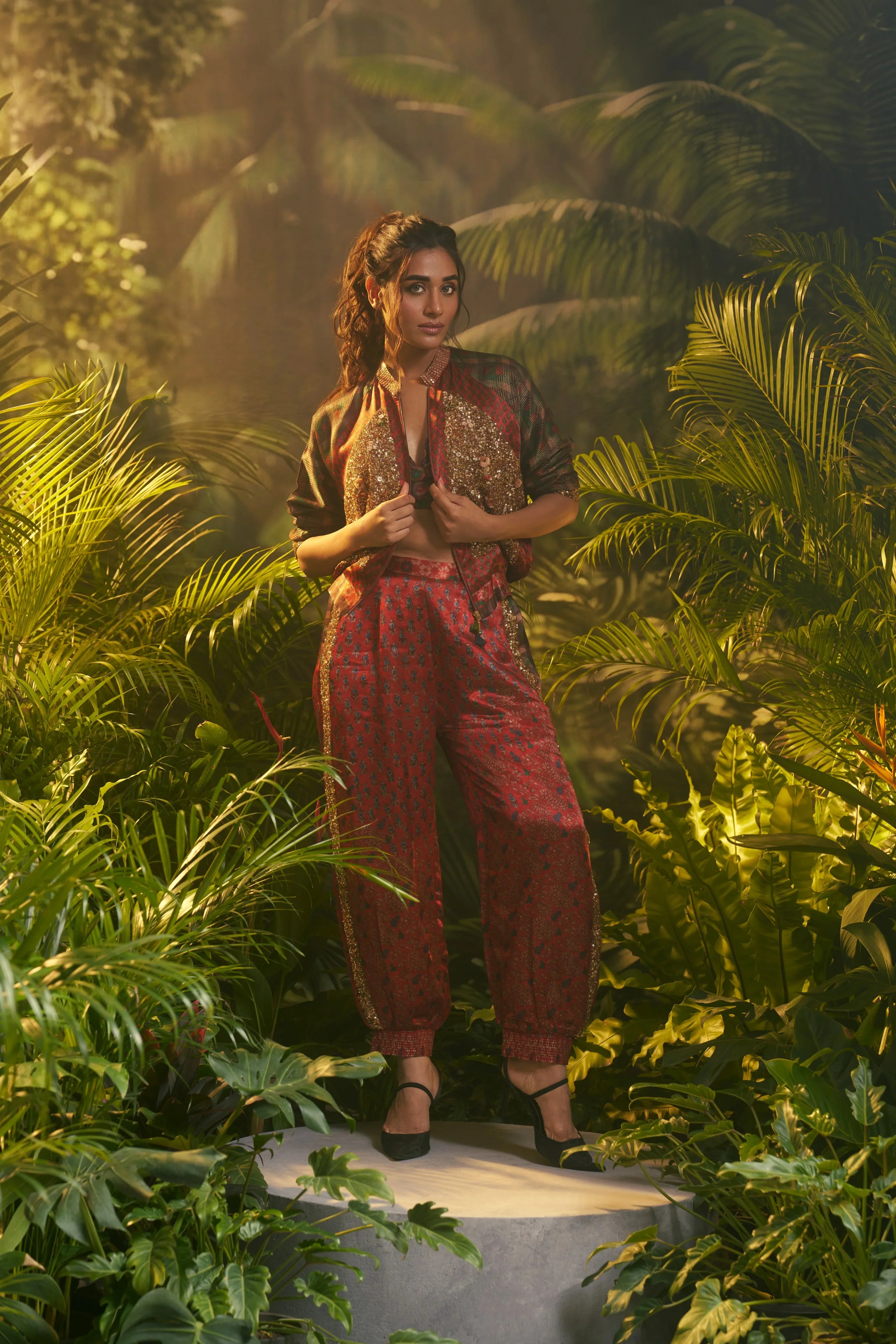 Red and Olive Embroidered Indo-western Set | Mokshaa