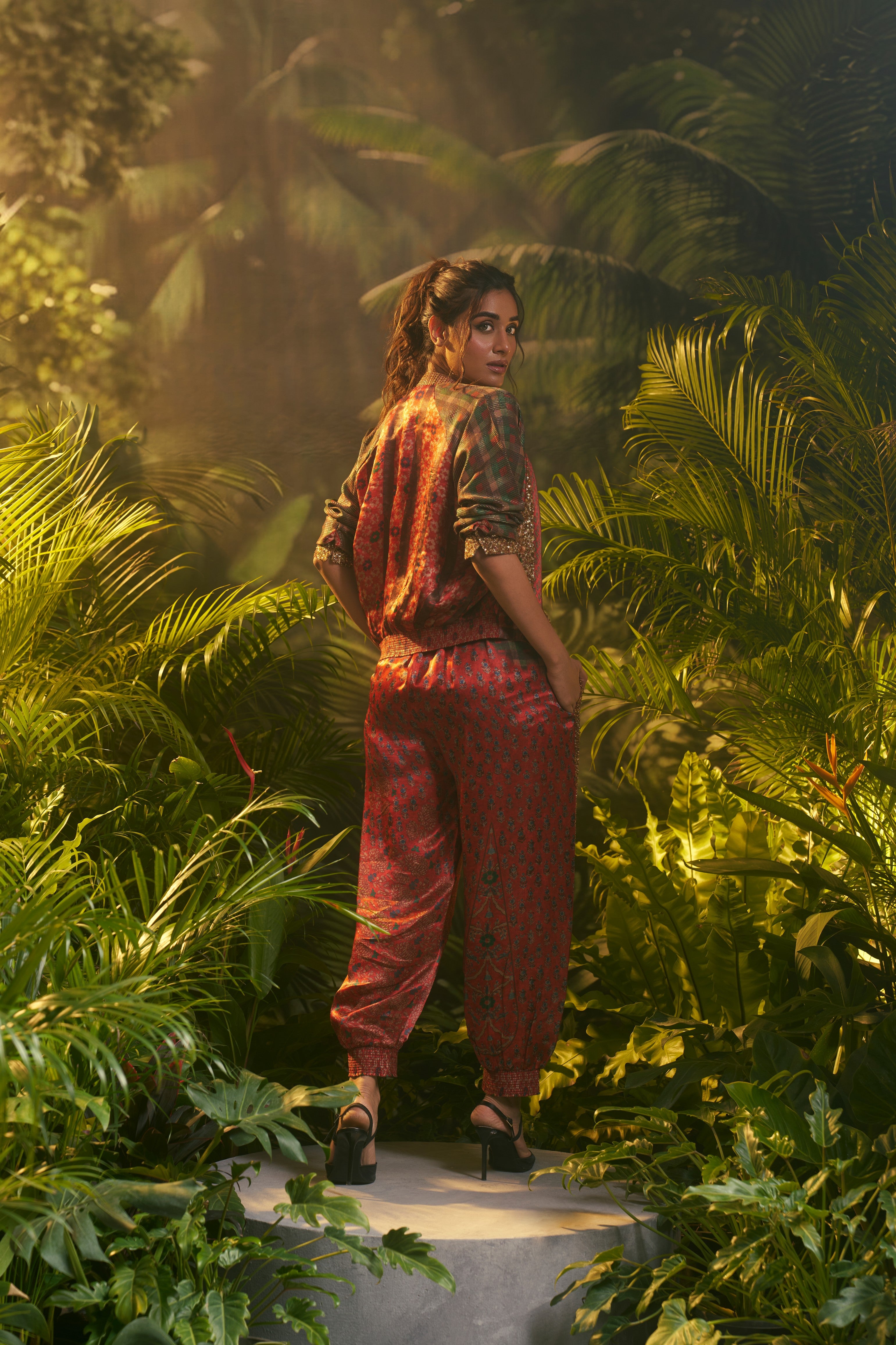 Red and Olive Embroidered Indo-western Set