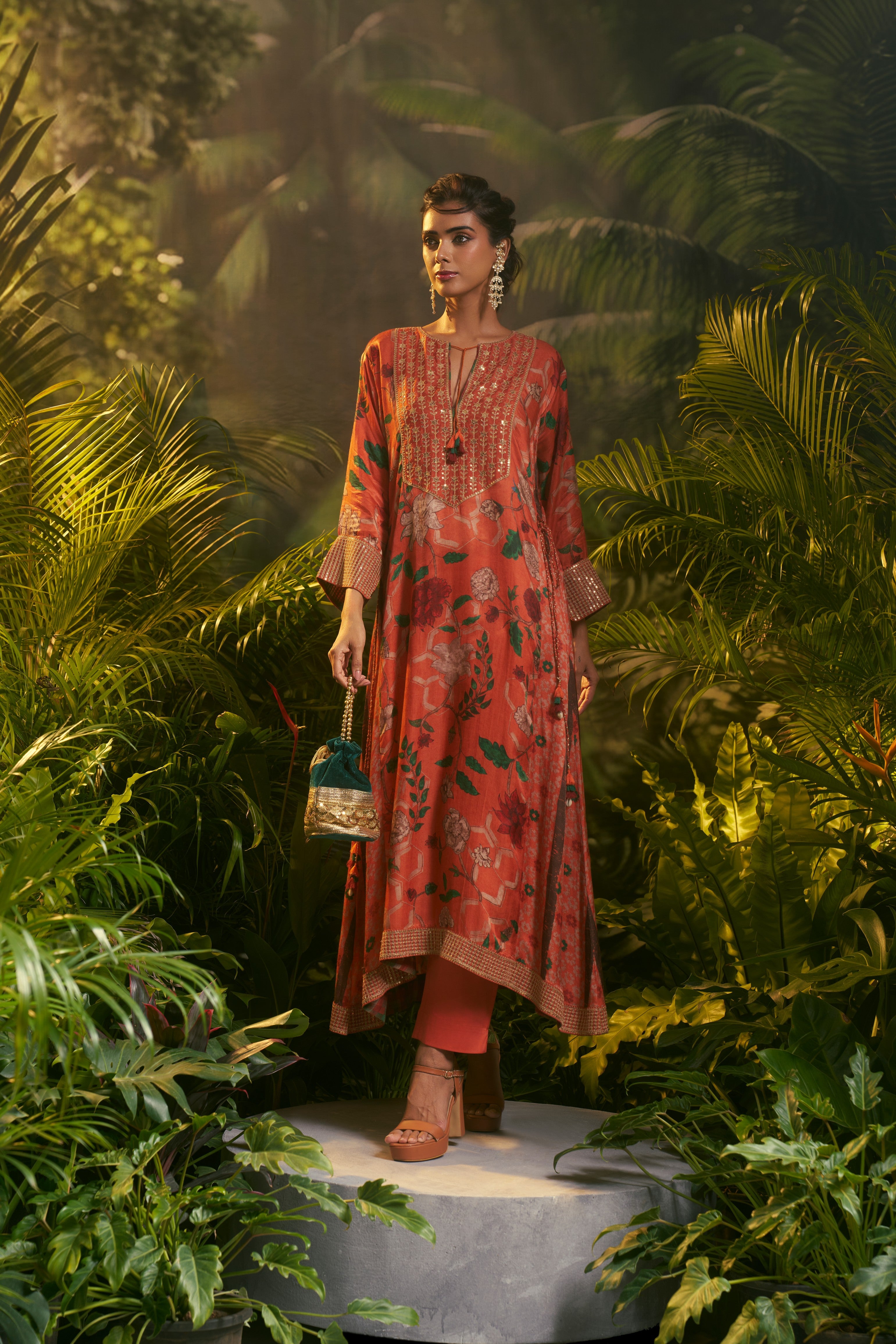 Rust-orange floral printed salwar set