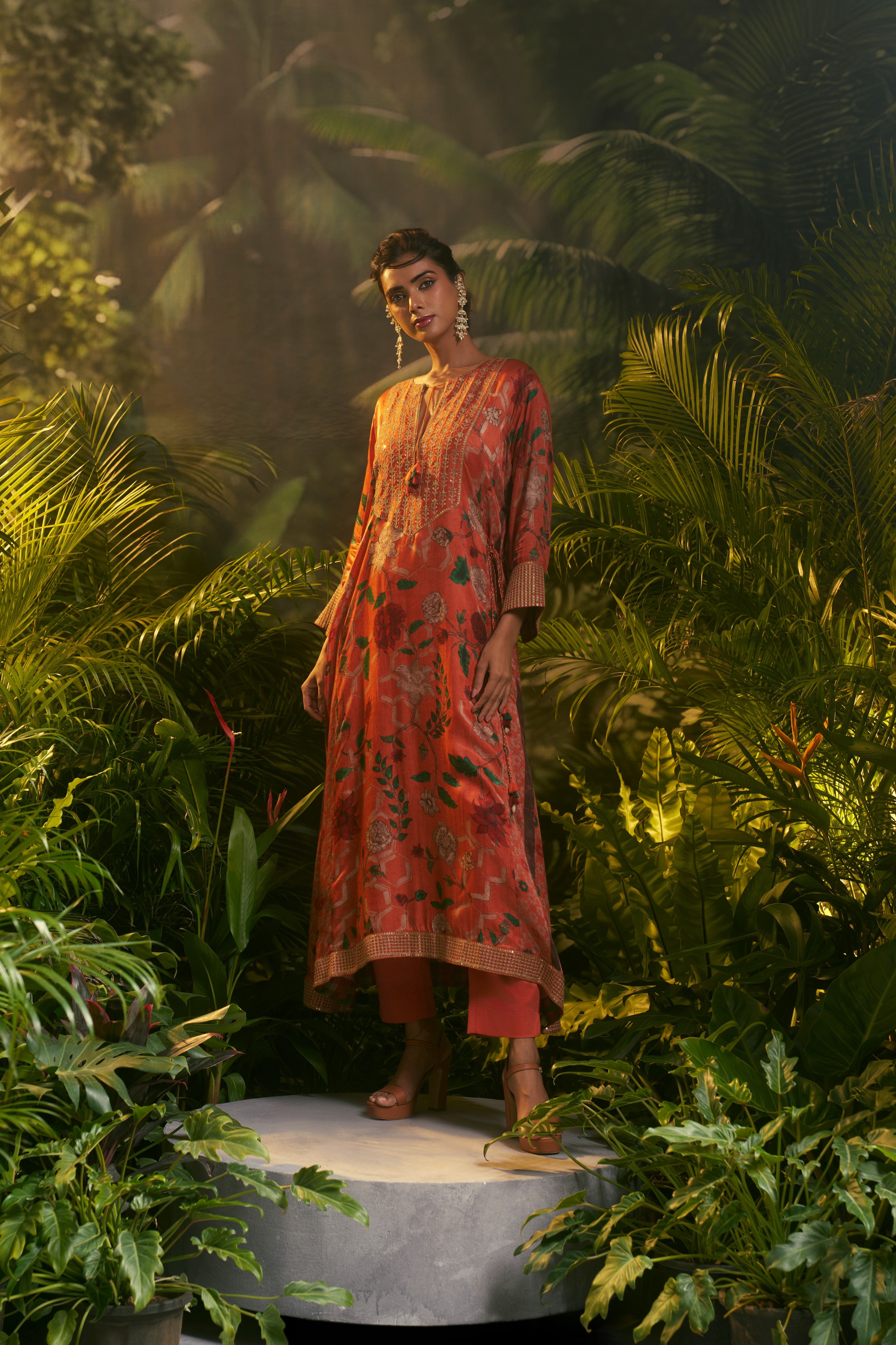 Rust-orange floral printed salwar set