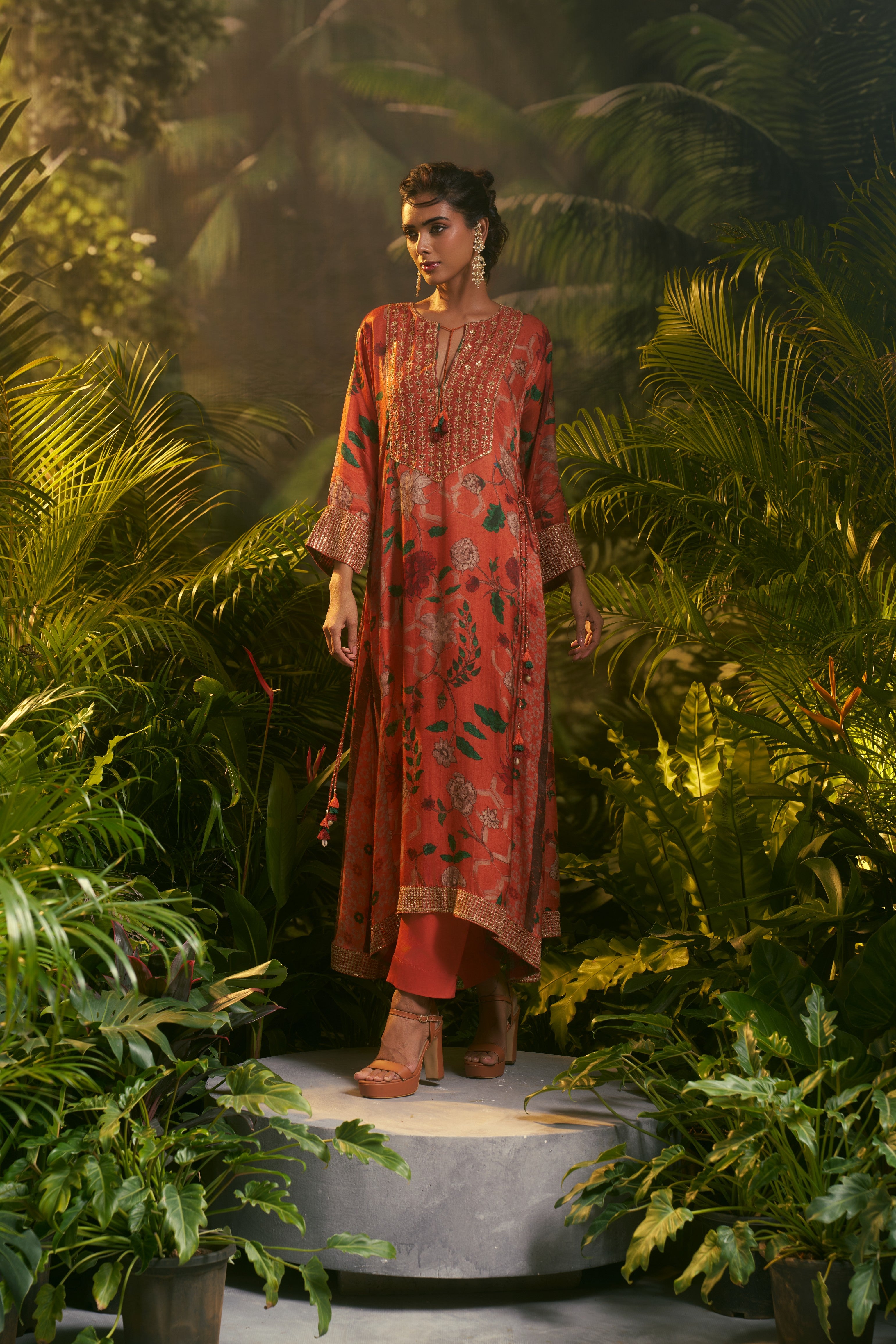 Rust-orange floral printed salwar set