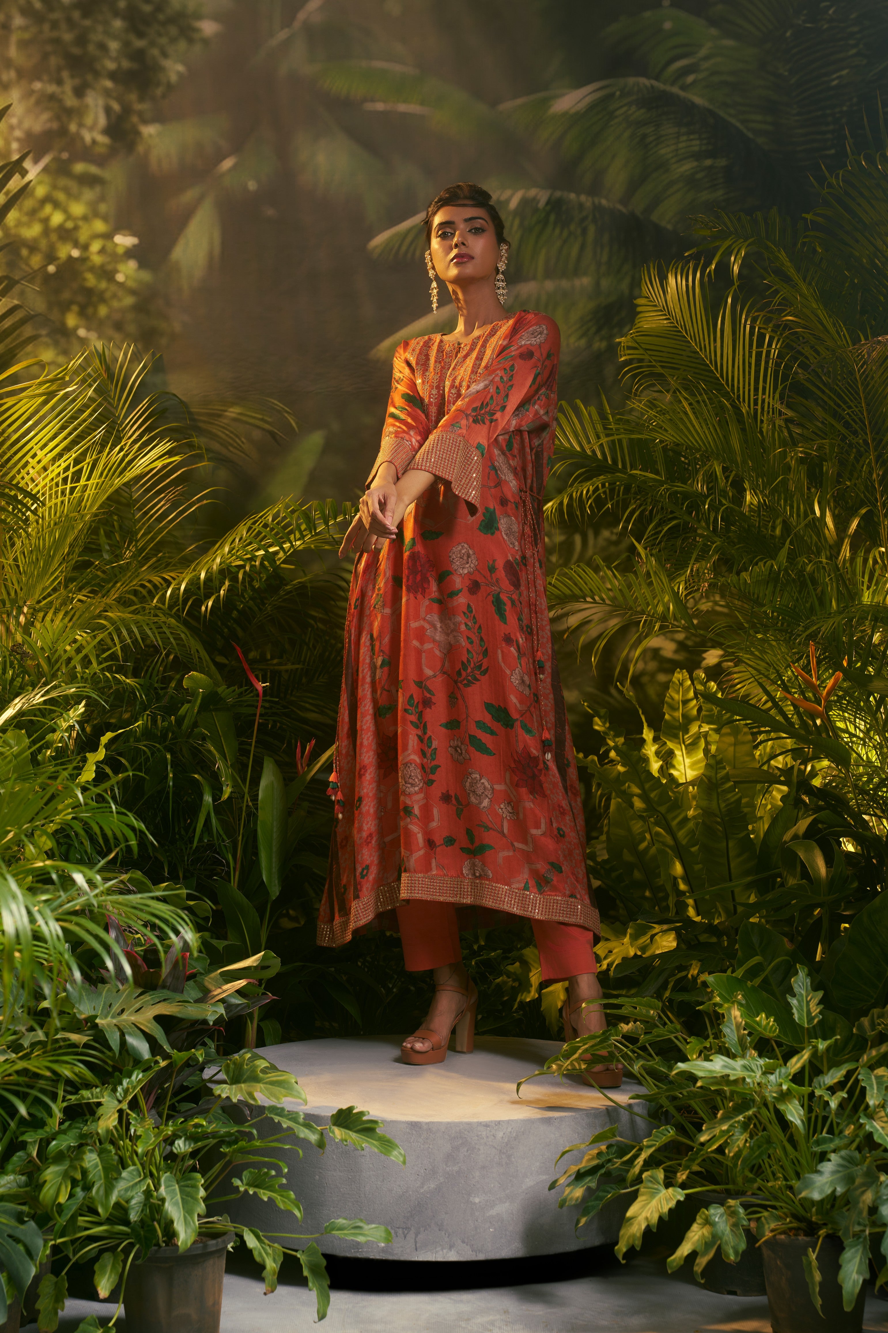 Rust-orange floral printed salwar set