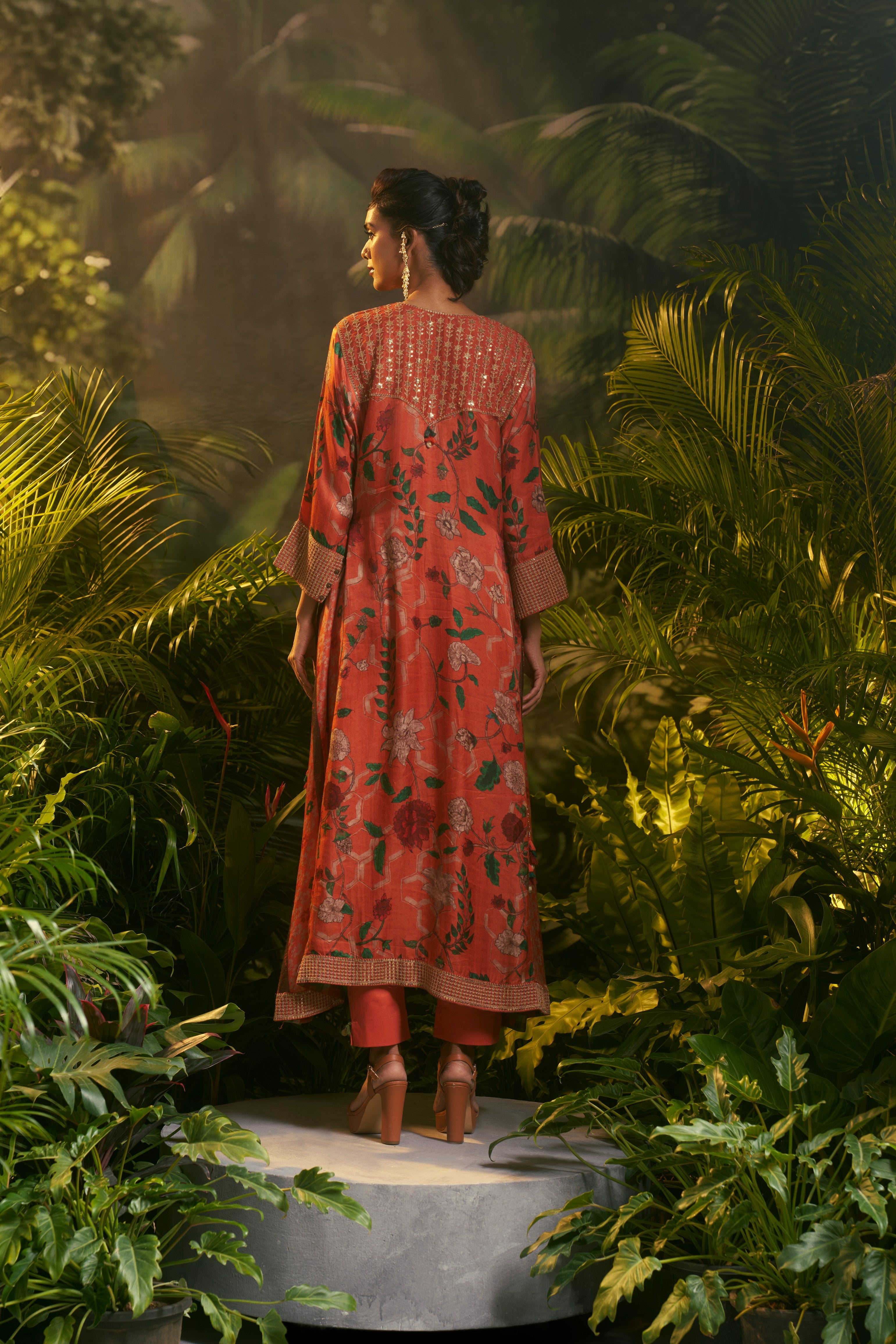 Rust-orange floral printed salwar set