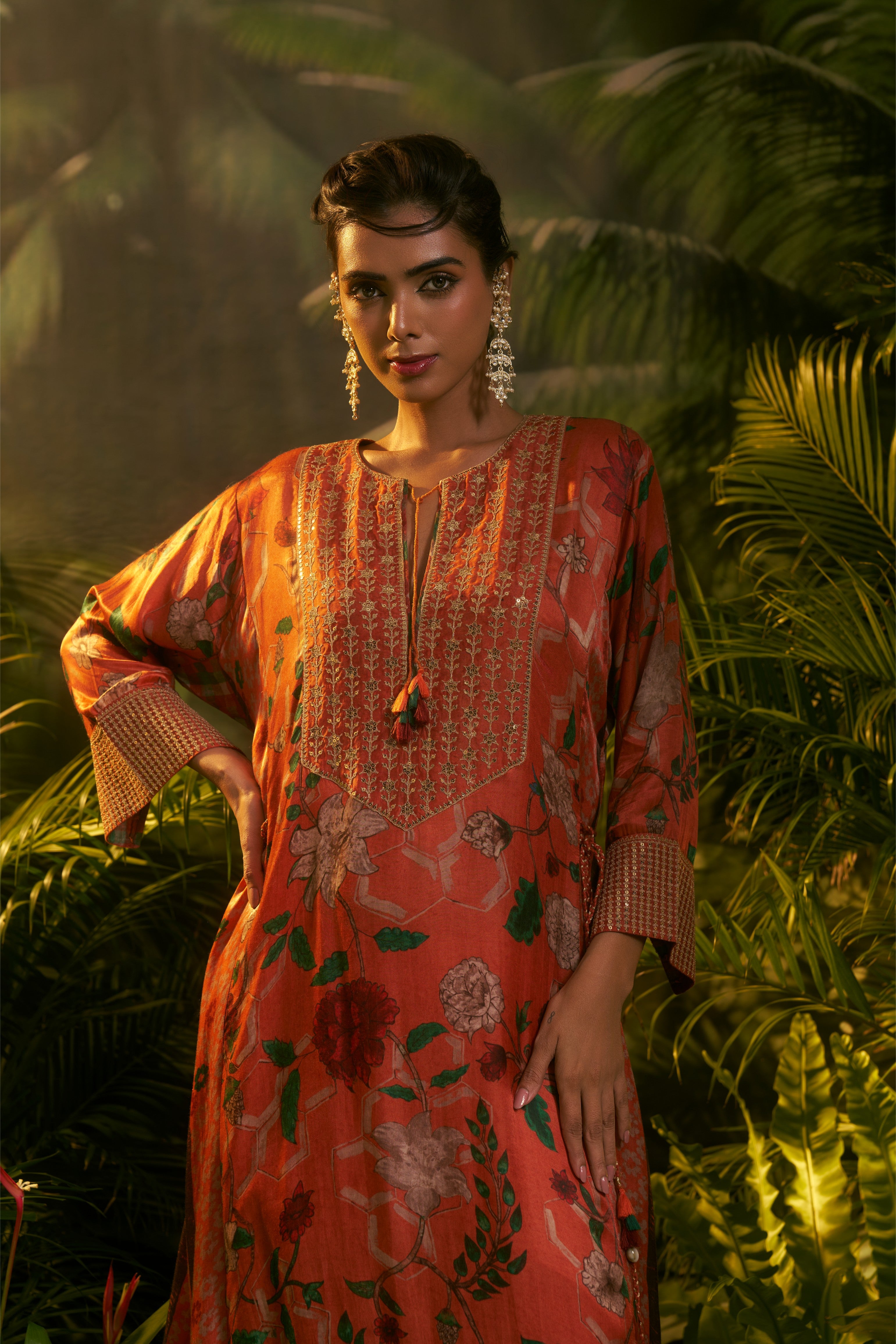 Rust-orange floral printed salwar set