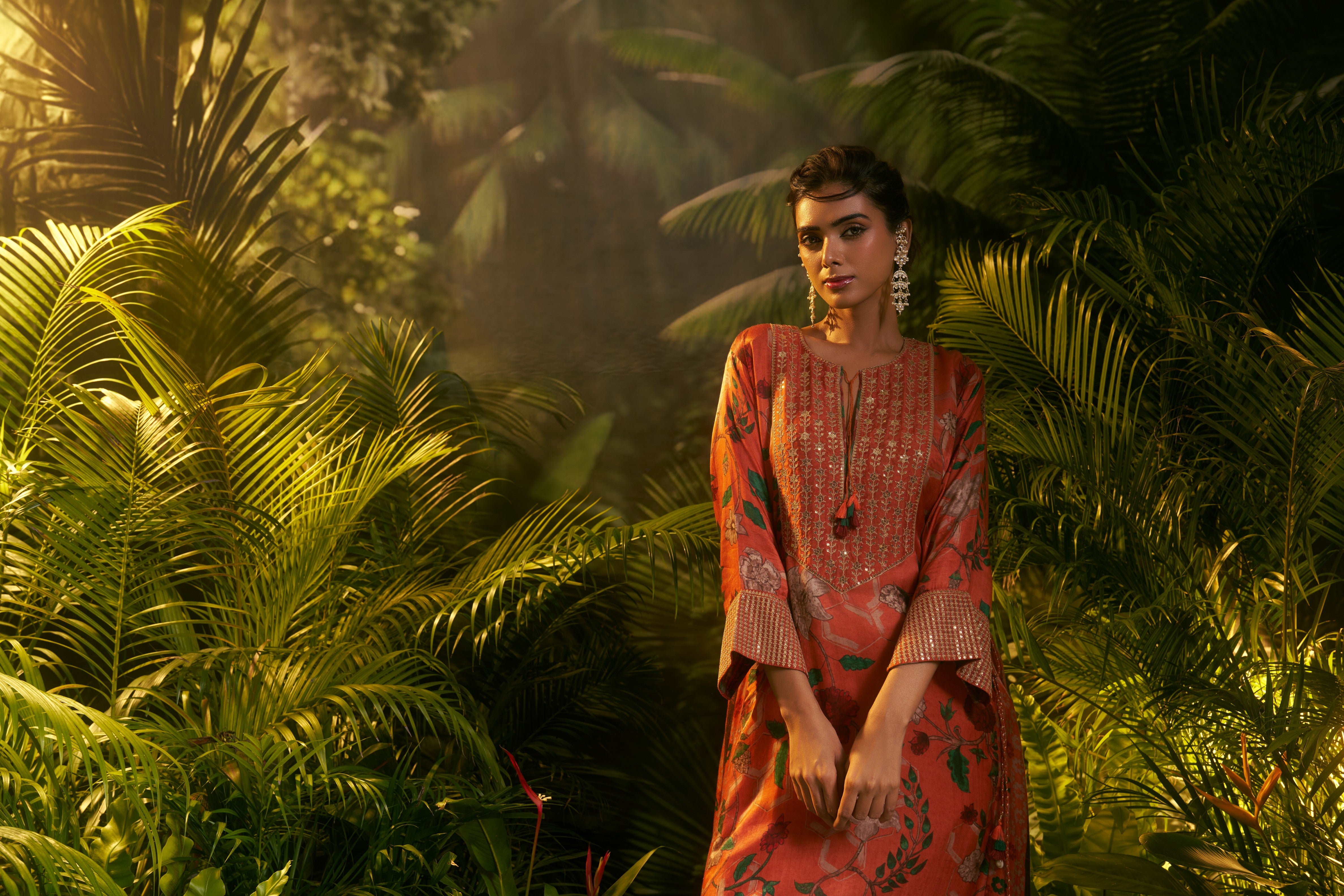 Rust-orange floral printed salwar set