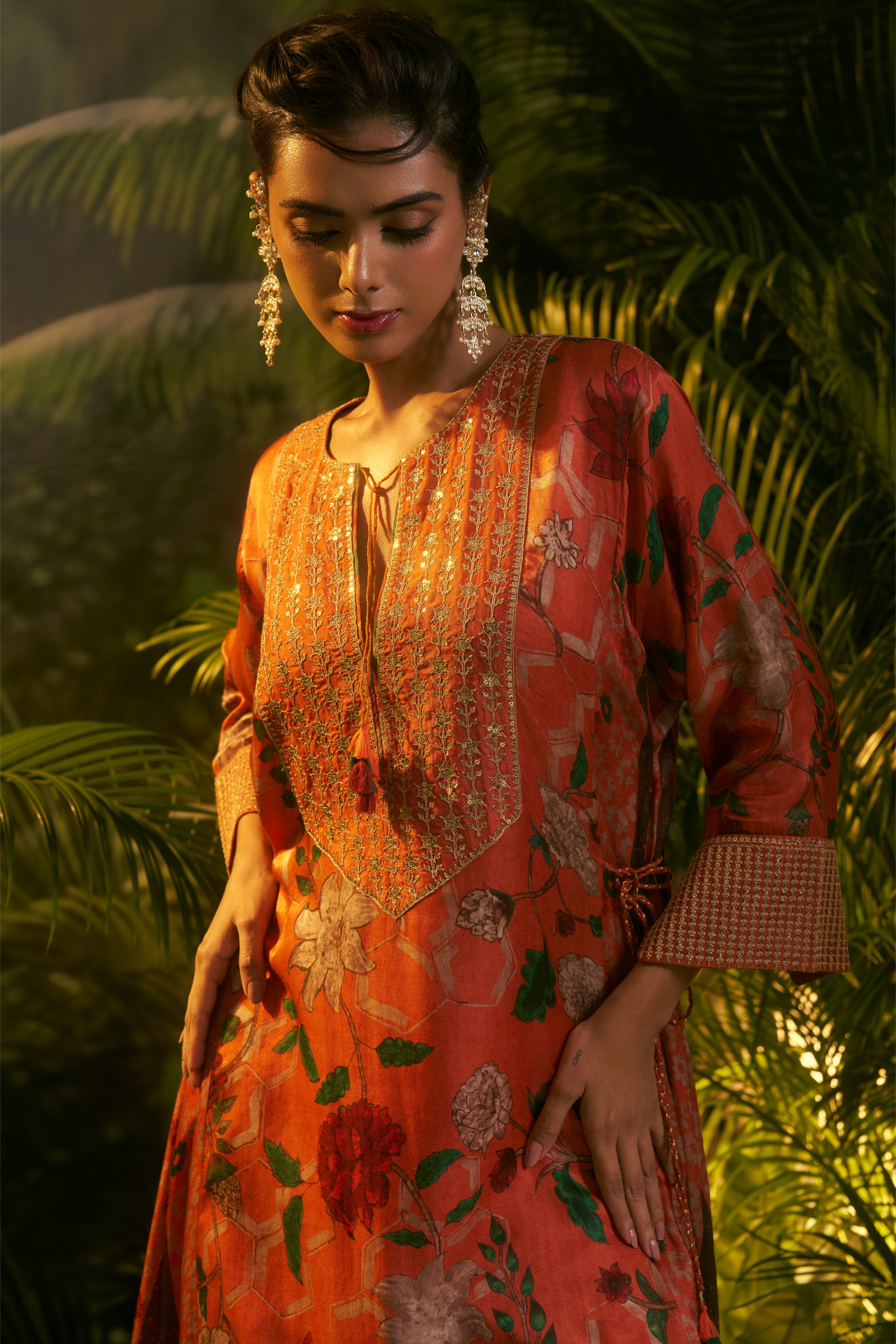 Rust-orange floral printed salwar set