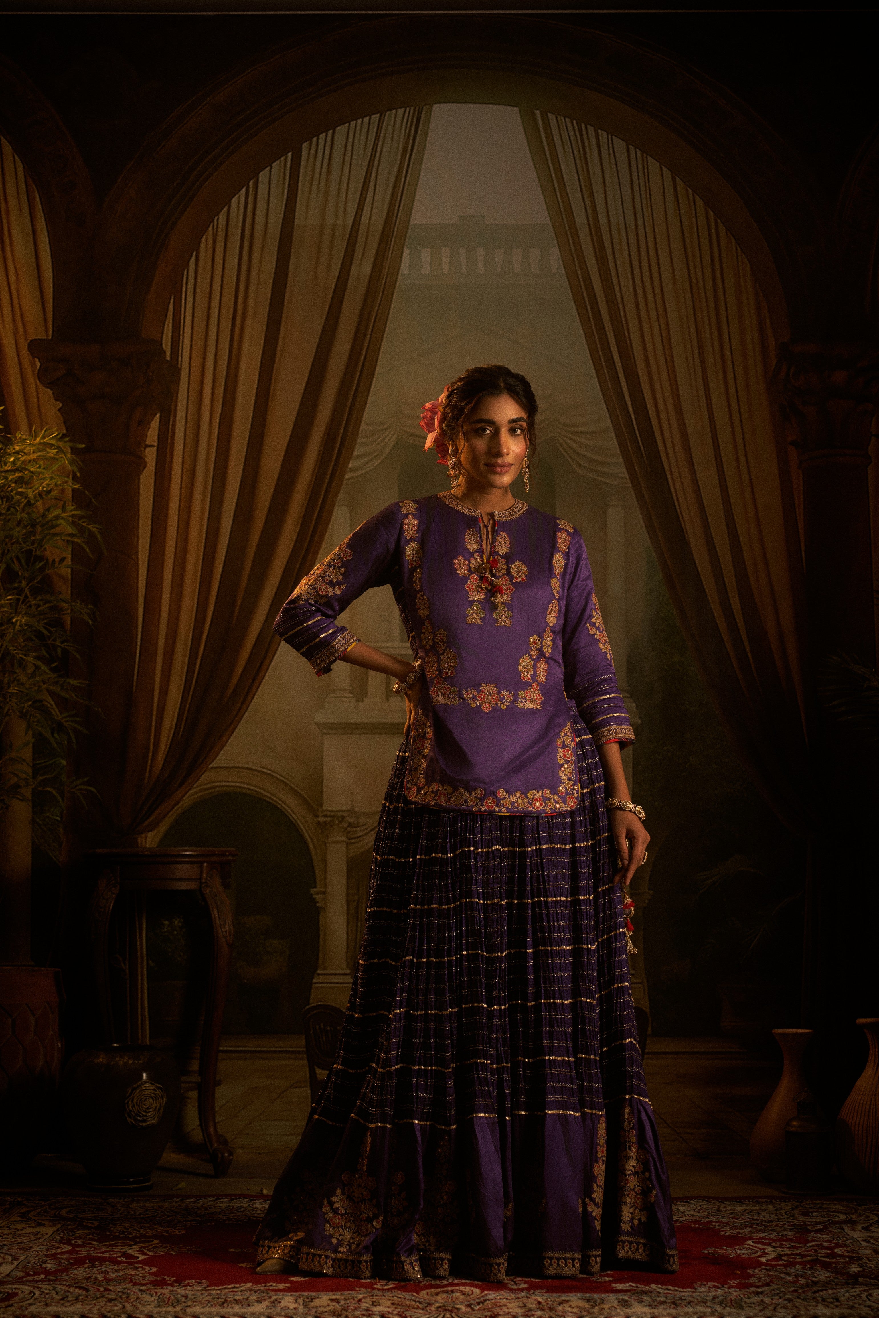 Purple Silk Embroidered Kurta, Crushed Lehenga Set