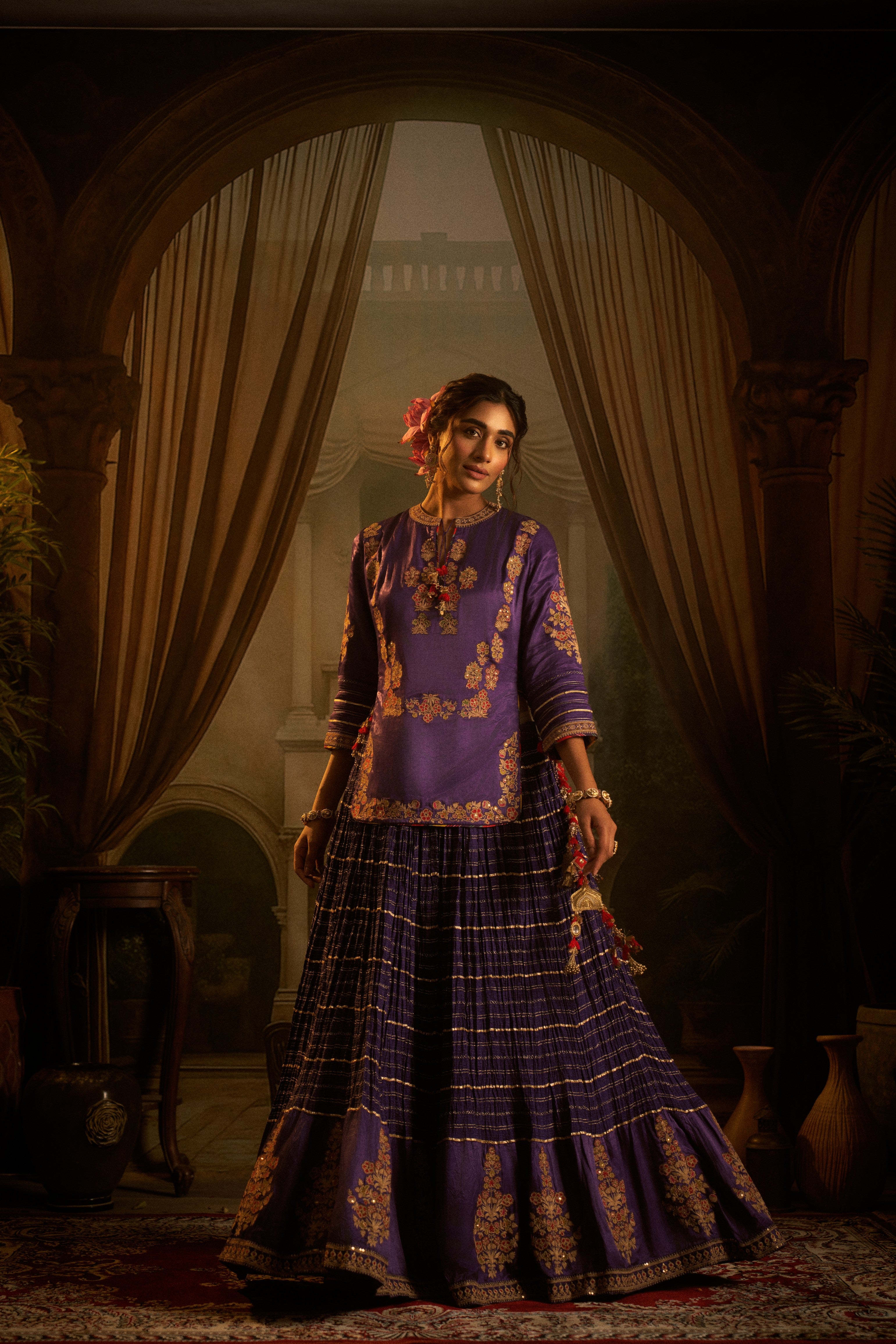 Purple Silk Embroidered Kurta, Crushed Lehenga Set