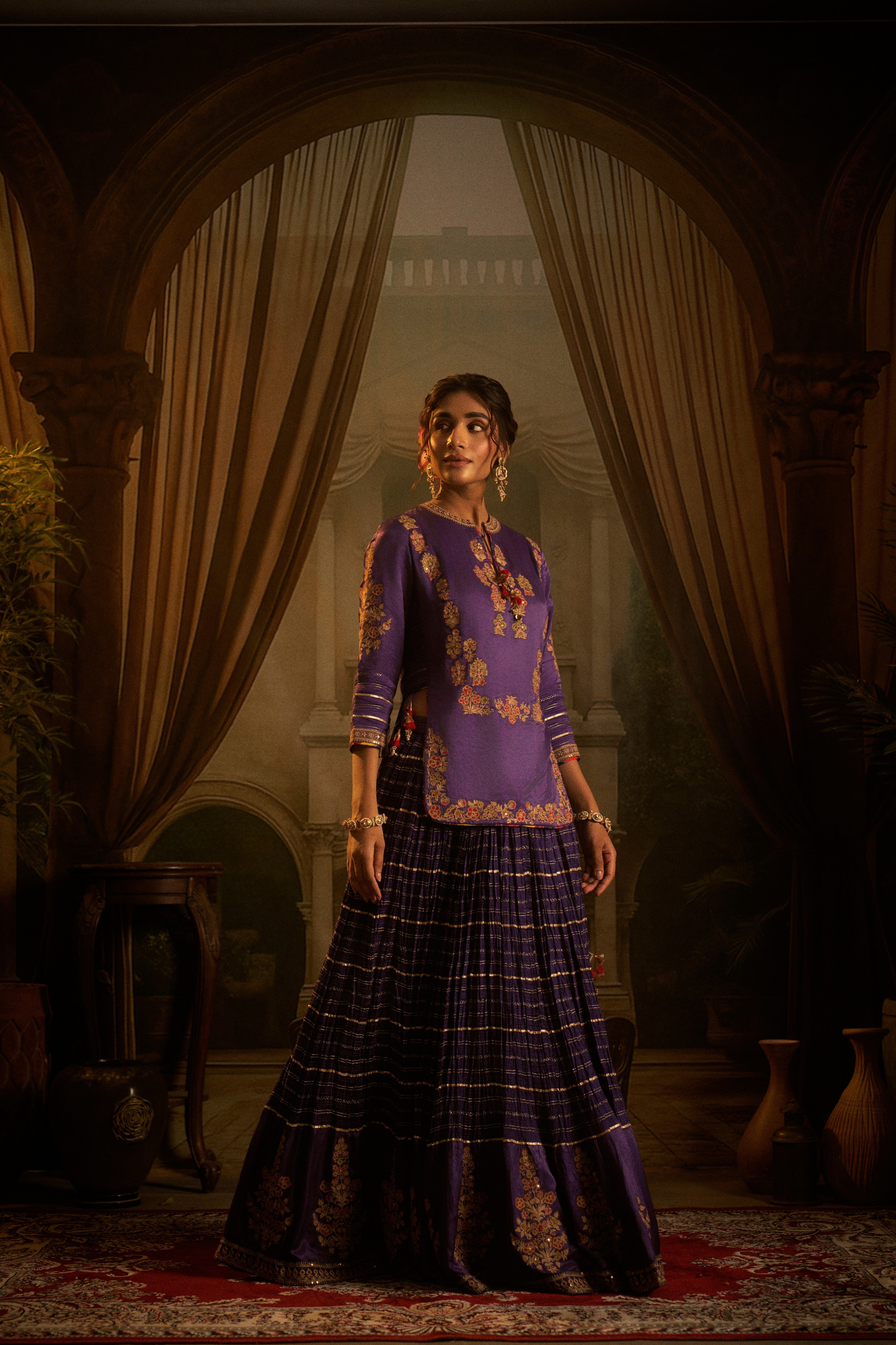 Purple Silk Embroidered Kurta, Crushed Lehenga Set