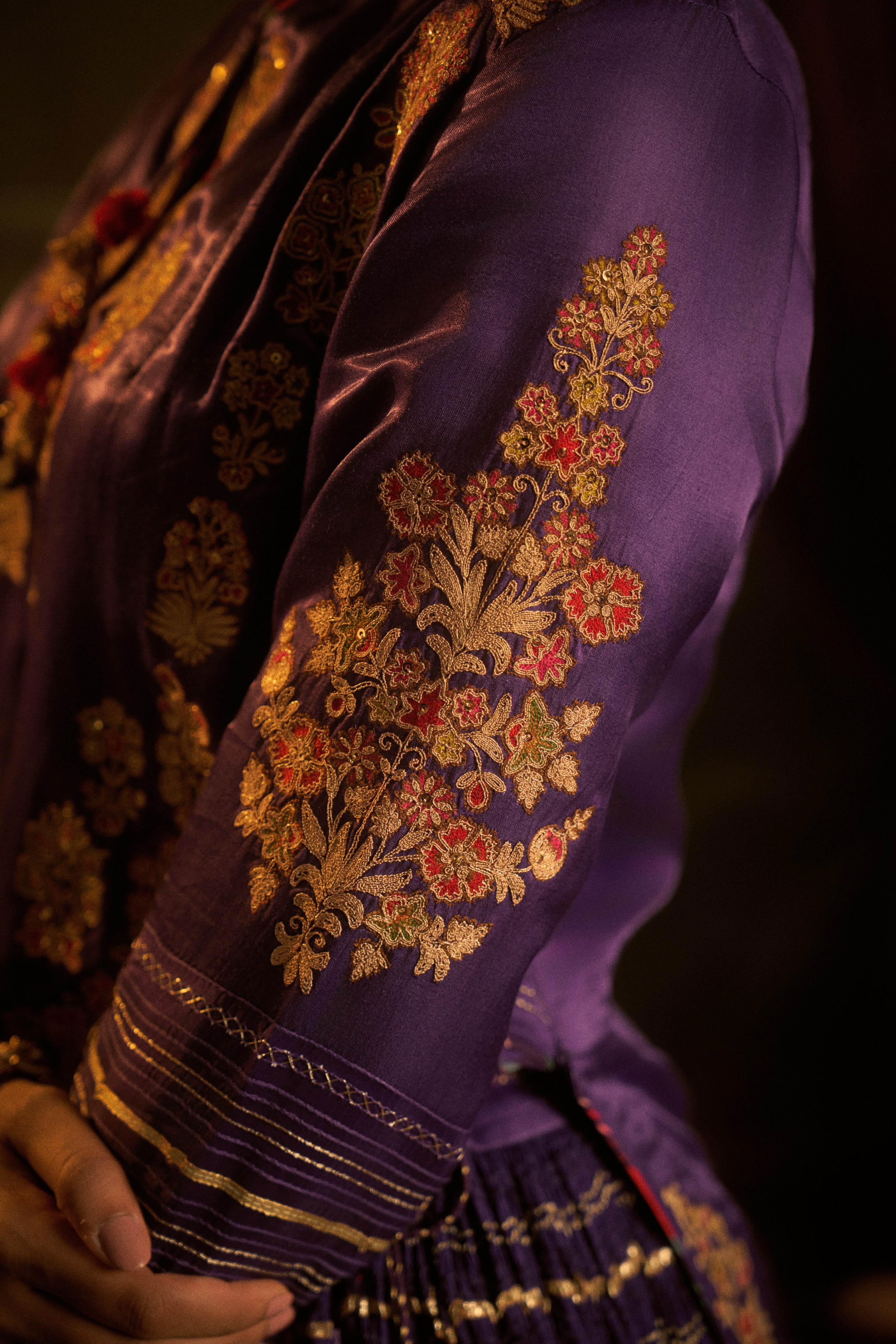 Purple Silk Embroidered Kurta, Crushed Lehenga Set
