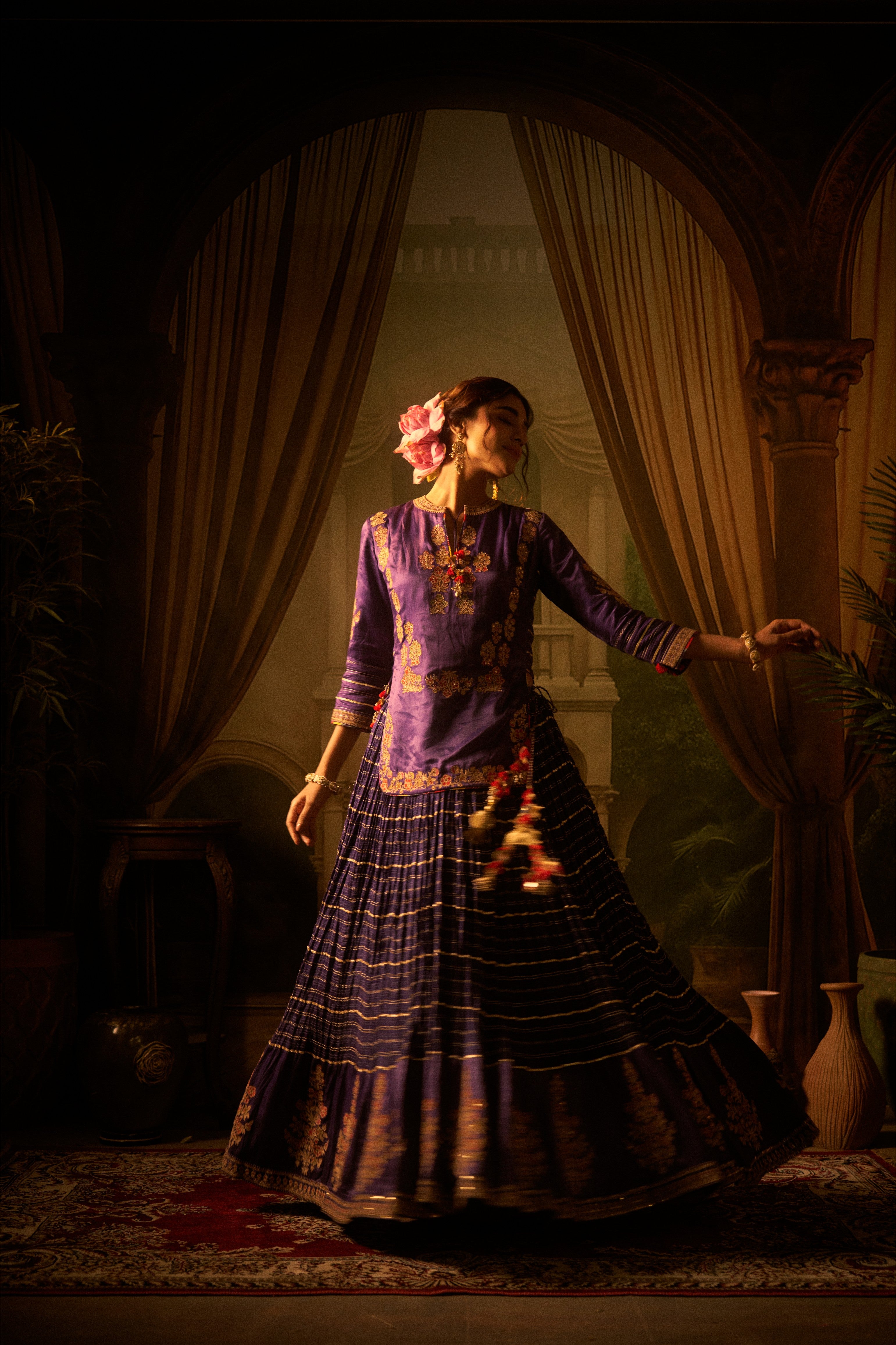 Purple Silk Embroidered Kurta, Crushed Lehenga Set