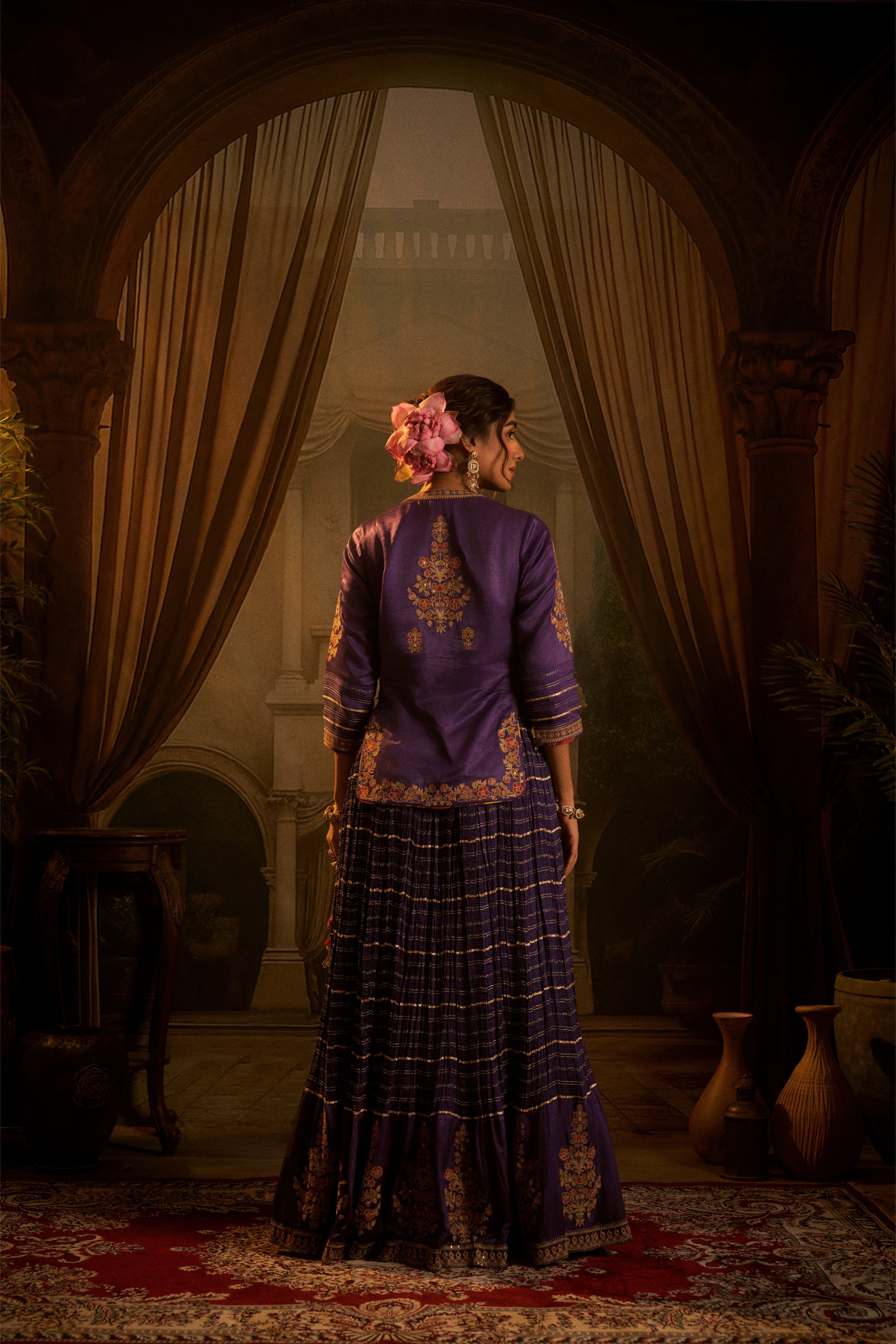 Purple Silk Embroidered Kurta, Crushed Lehenga Set