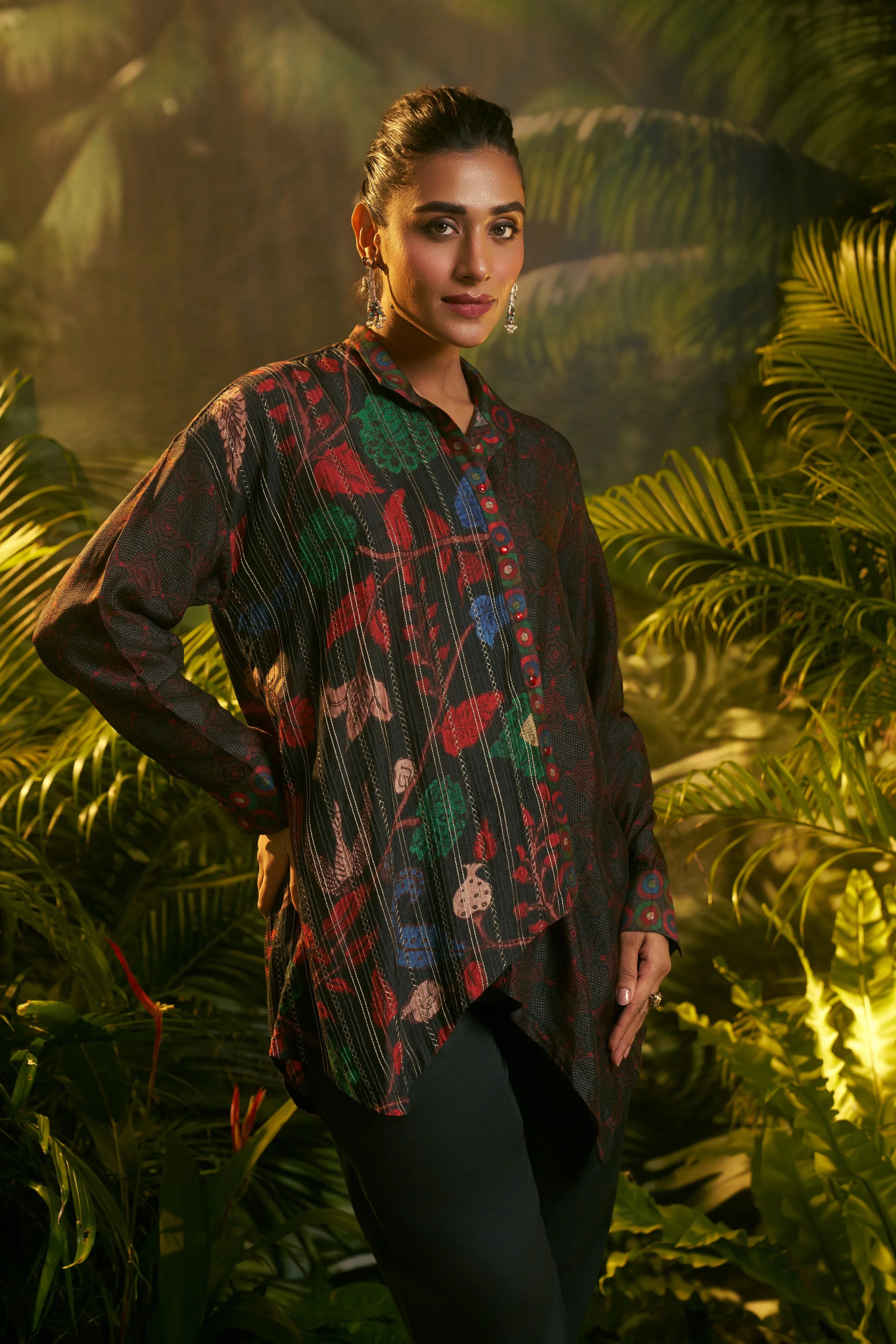 Multicolour Abstract Printed Asymmetric Shirt | Mokshaa