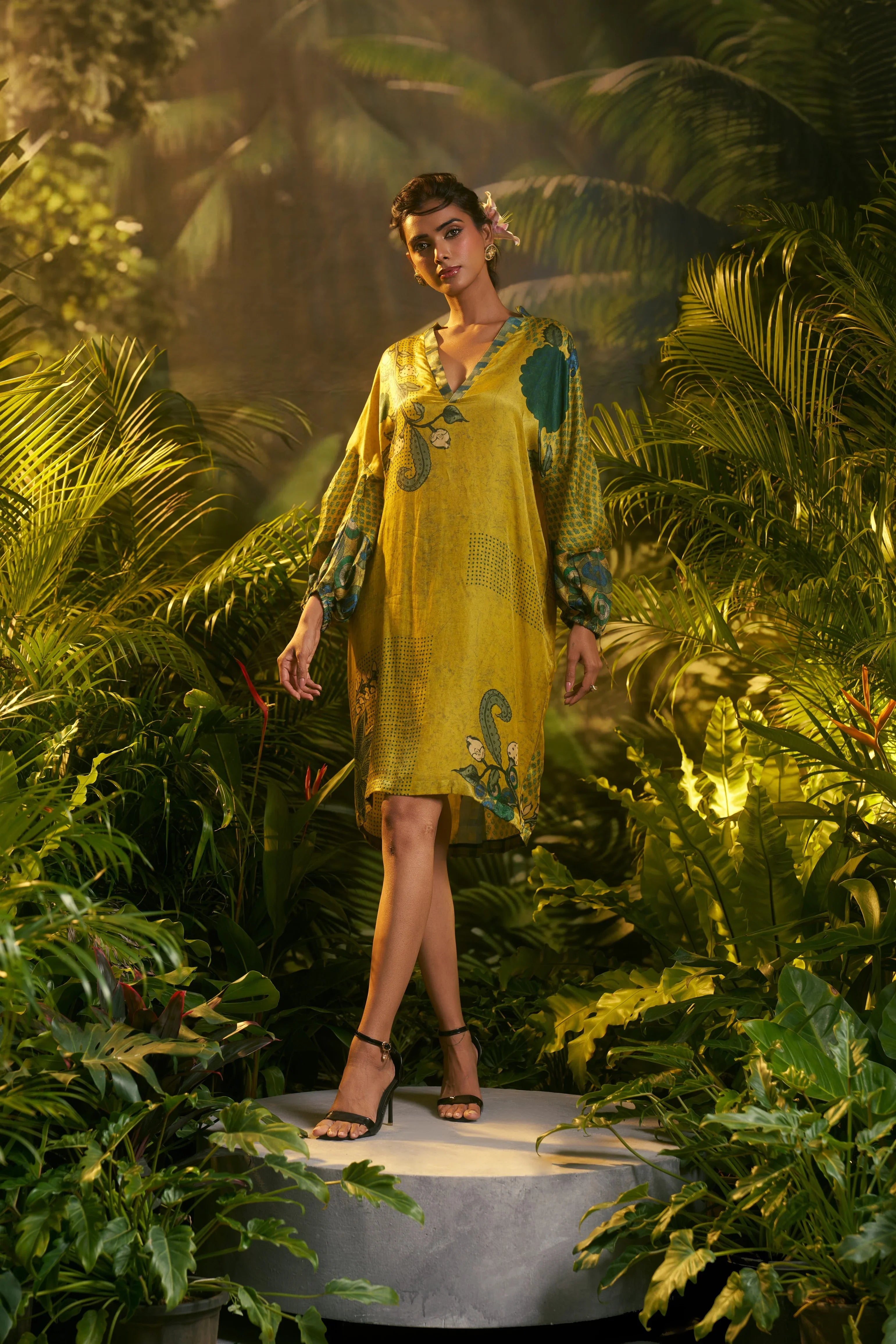 Mustard Yellow Printed Ethnic Dress with Voluminous Sleeves | Mokshaa